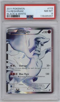 Reshiram from the 2011 Pokemon Black & White set graded by PSA and given an overall grade of 8.