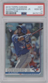 Vladimir Guerrero Jr. from the 2019 Topps Chrome set featuring a Refractor parallel graded by PSA and given an overall grade of 10.