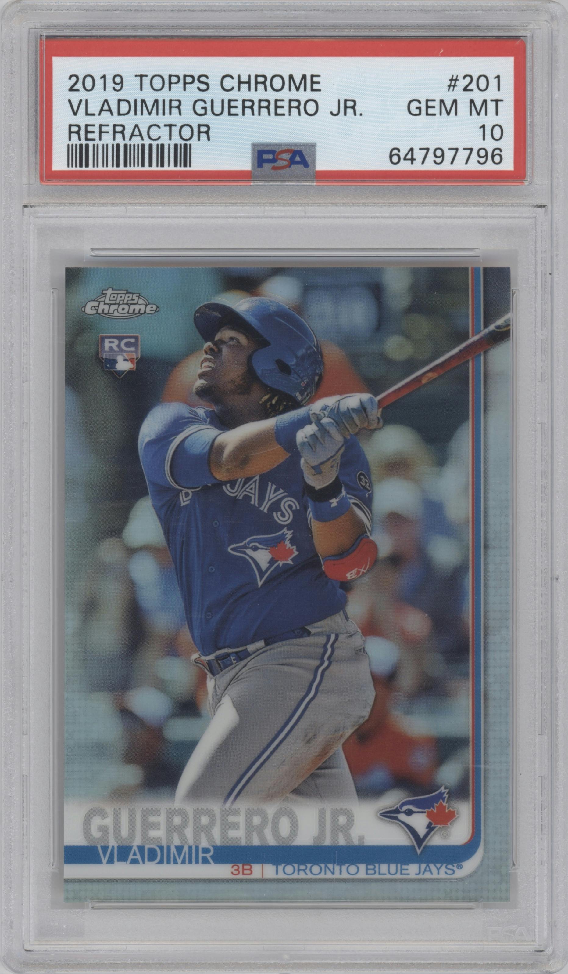 Vladimir Guerrero Jr. from the 2019 Topps Chrome set featuring a Refractor parallel graded by PSA and given an overall grade of 10.