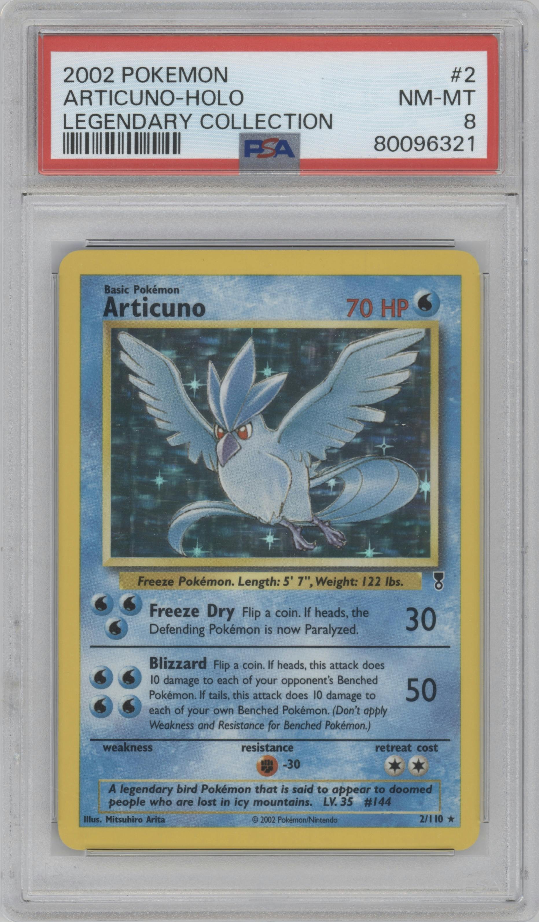 Articuno from the 2002 Pokemon  set graded by PSA and given an overall grade of 8.