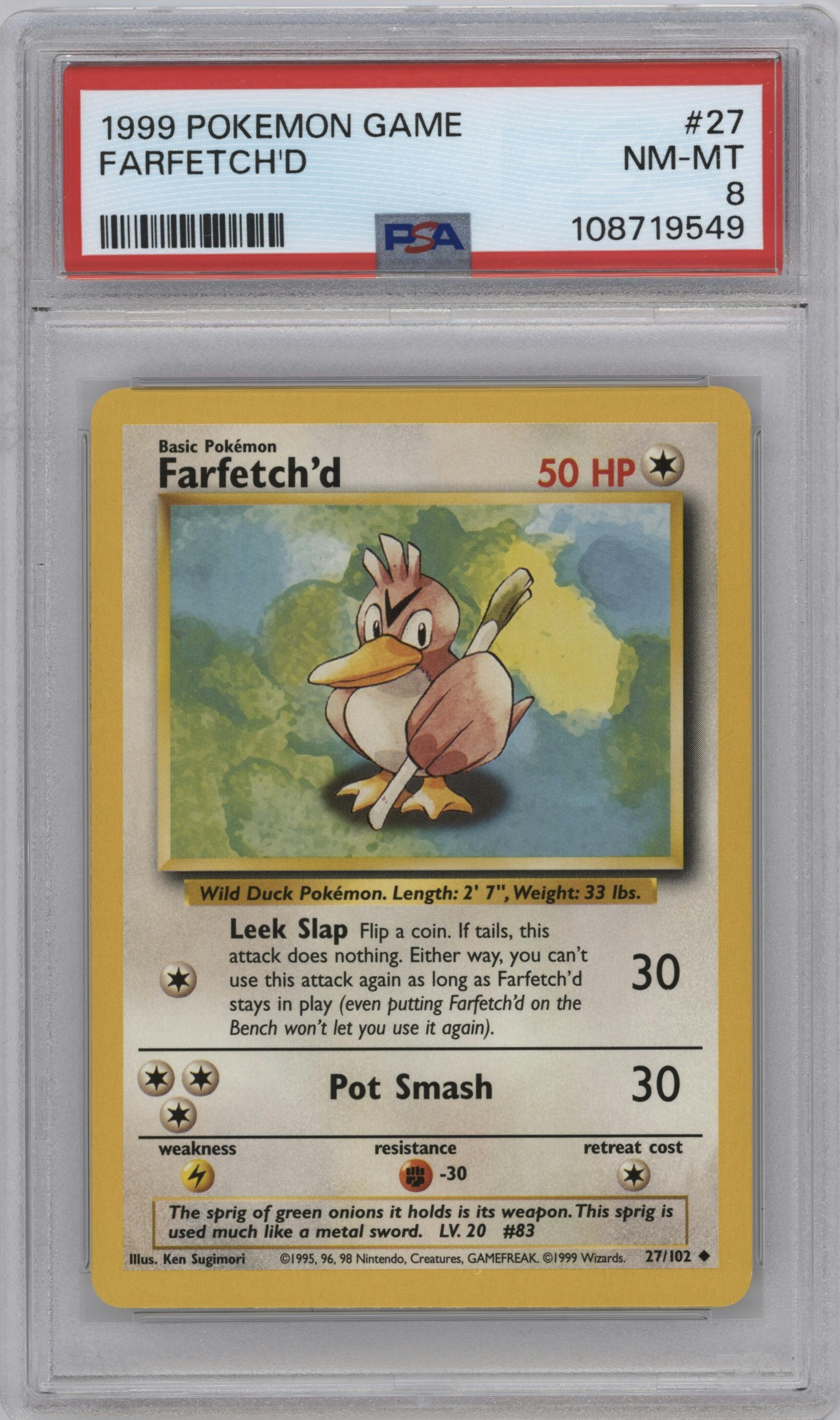 Farfetch'd from the 1999 Pokemon set graded by PSA and given an overall grade of 8.