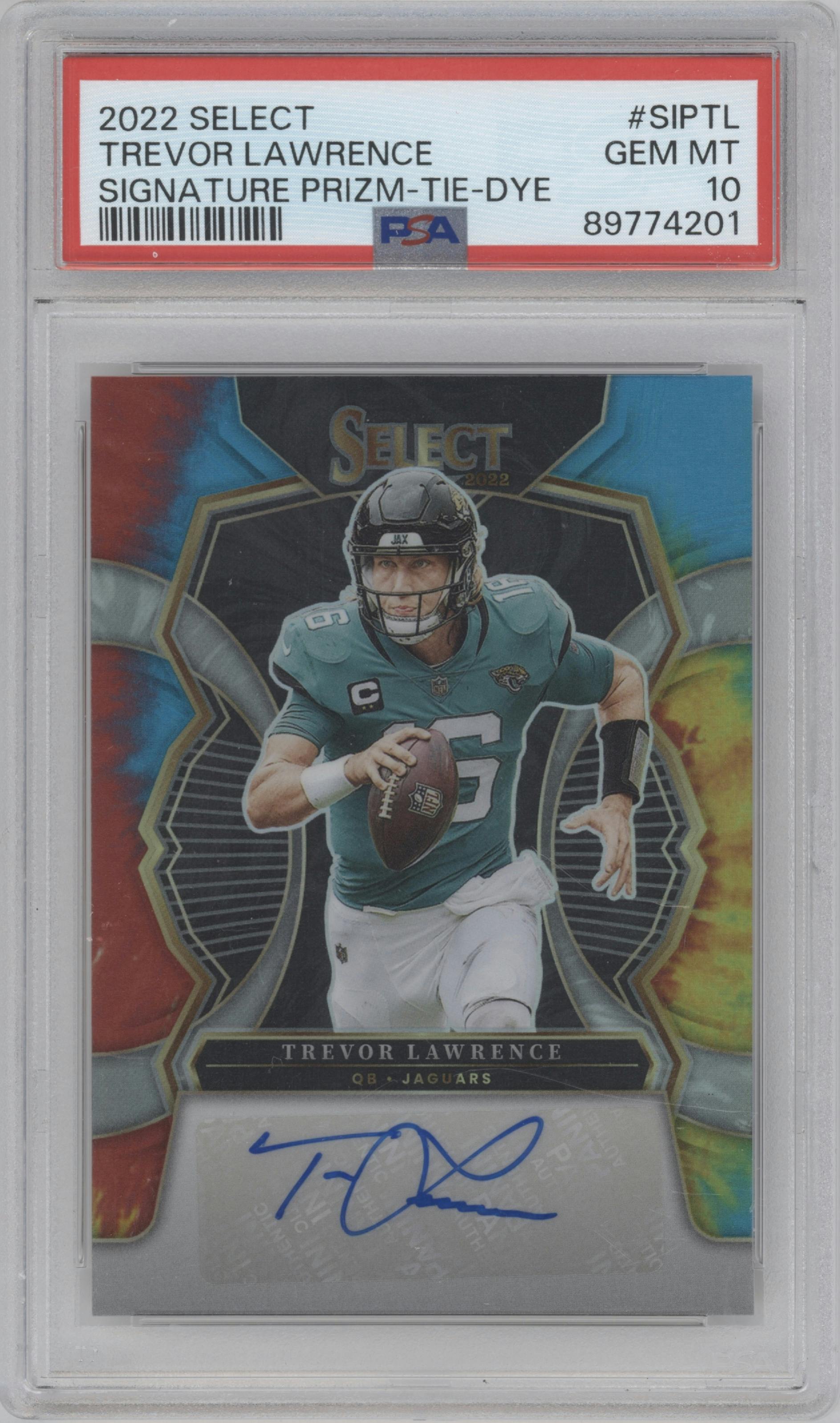 Trevor Lawrence from the 2022 Panini Select set featuring a Tie-Dye parallel graded by PSA and given an overall grade of 10.