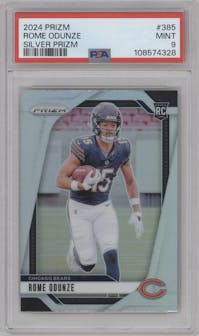 Rome Odunze from the 2024 Panini Prizm set featuring a Silver Prizm parallel graded by PSA and given an overall grade of 9.