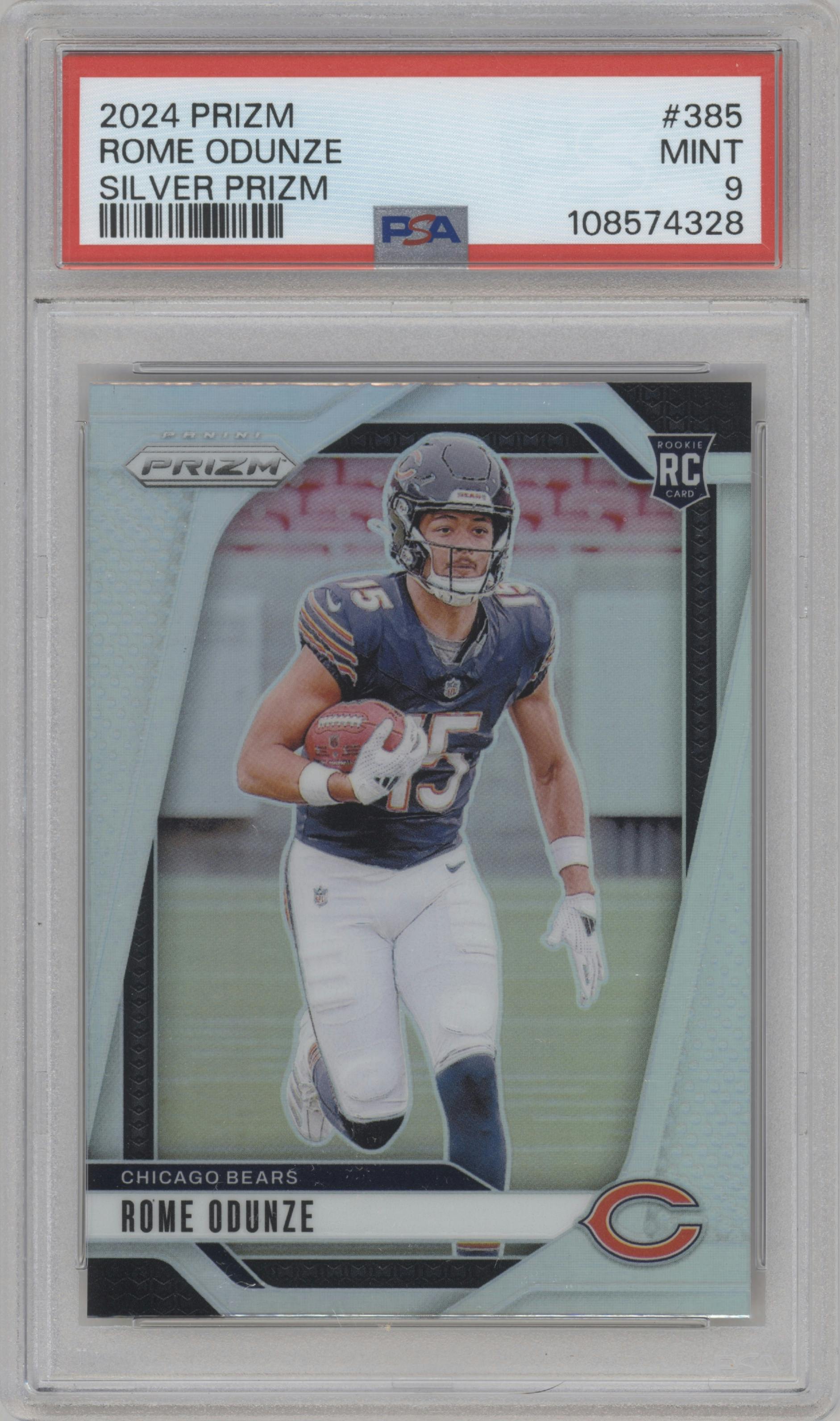 Rome Odunze from the 2024 Panini Prizm set featuring a Silver Prizm parallel graded by PSA and given an overall grade of 9.