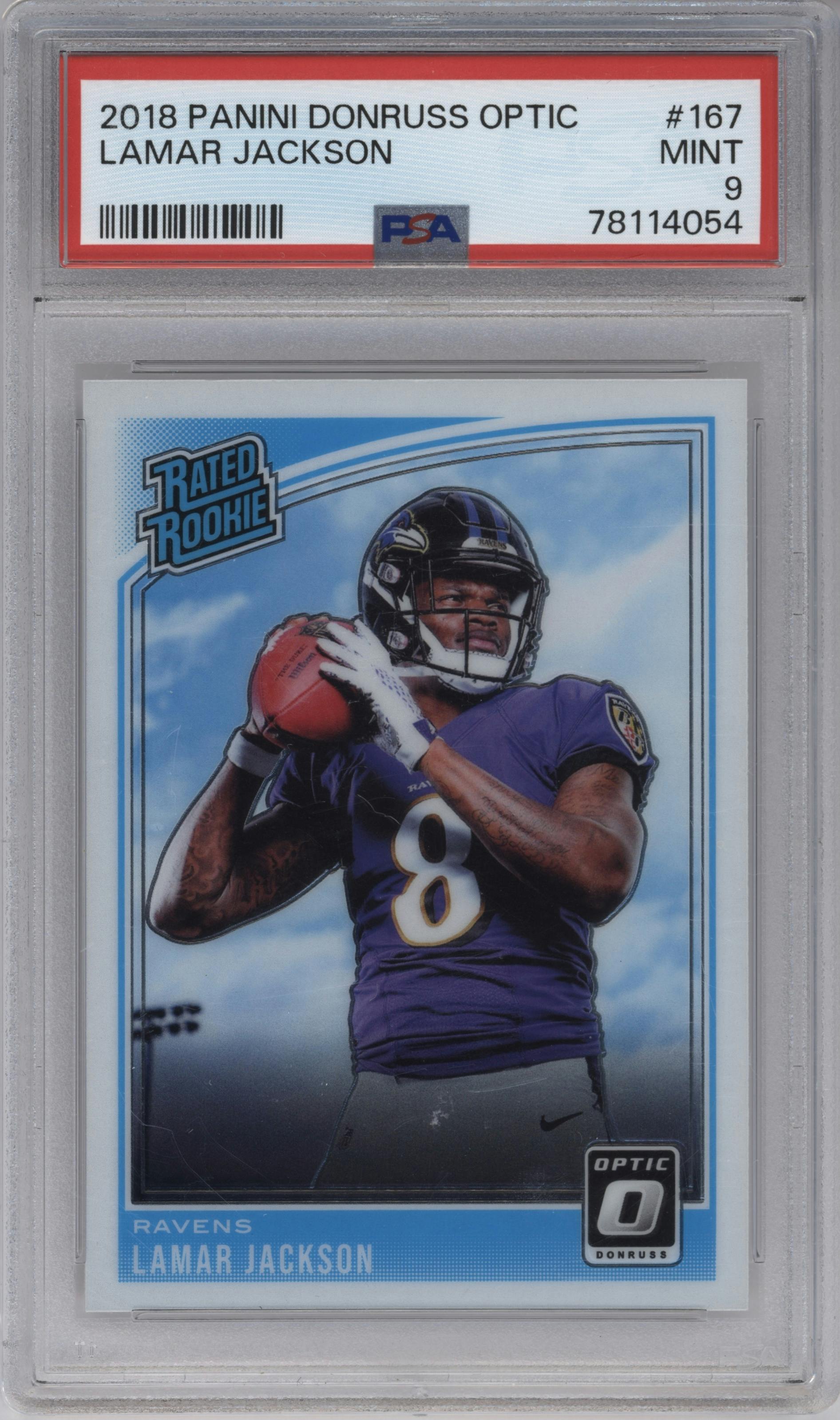Lamar Jackson from the 2018 Panini Donruss Optic set graded by PSA and given an overall grade of 9.