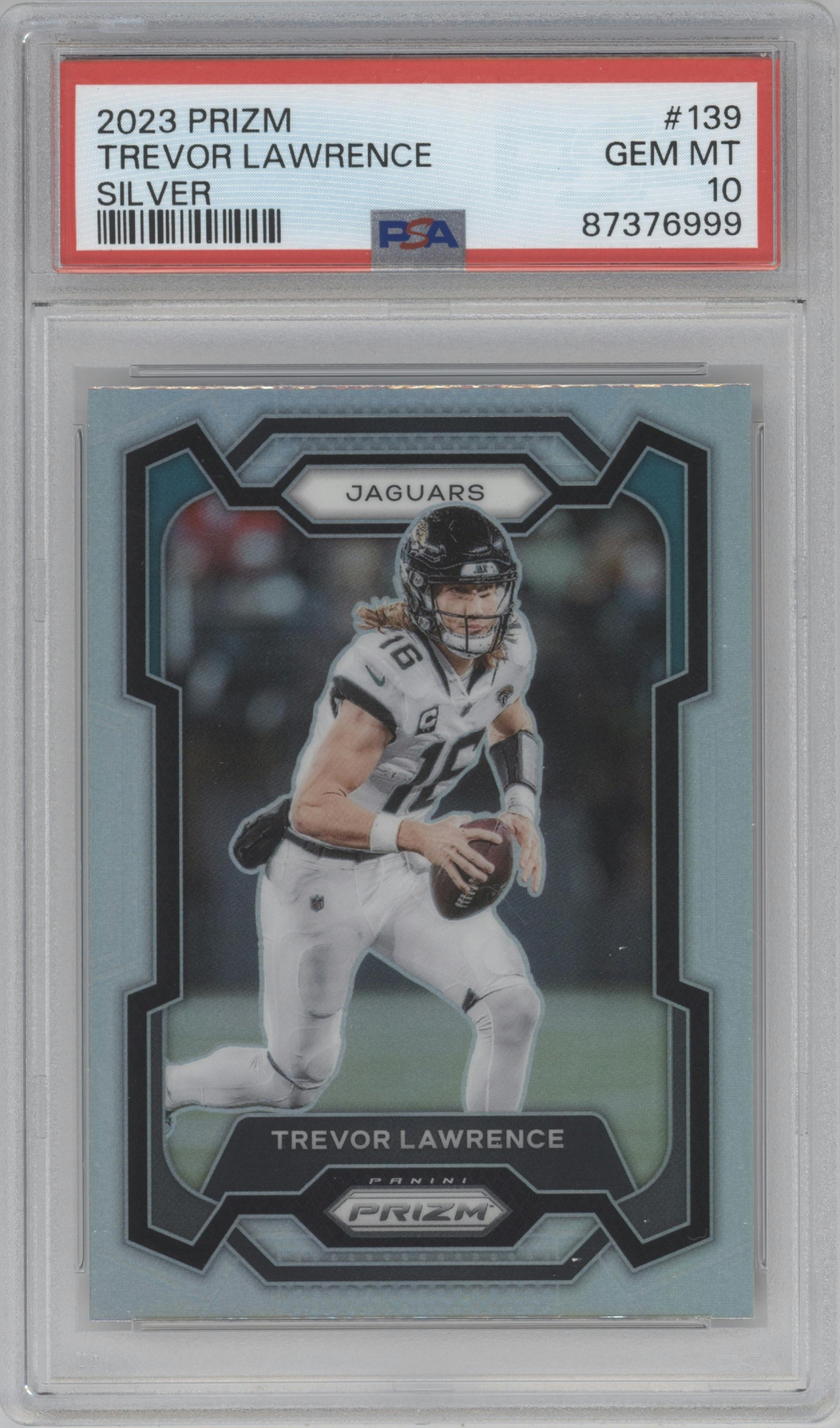 Trevor Lawrence from the 2023 Panini Prizm set featuring a Silver Prizm parallel graded by PSA and given an overall grade of 10.