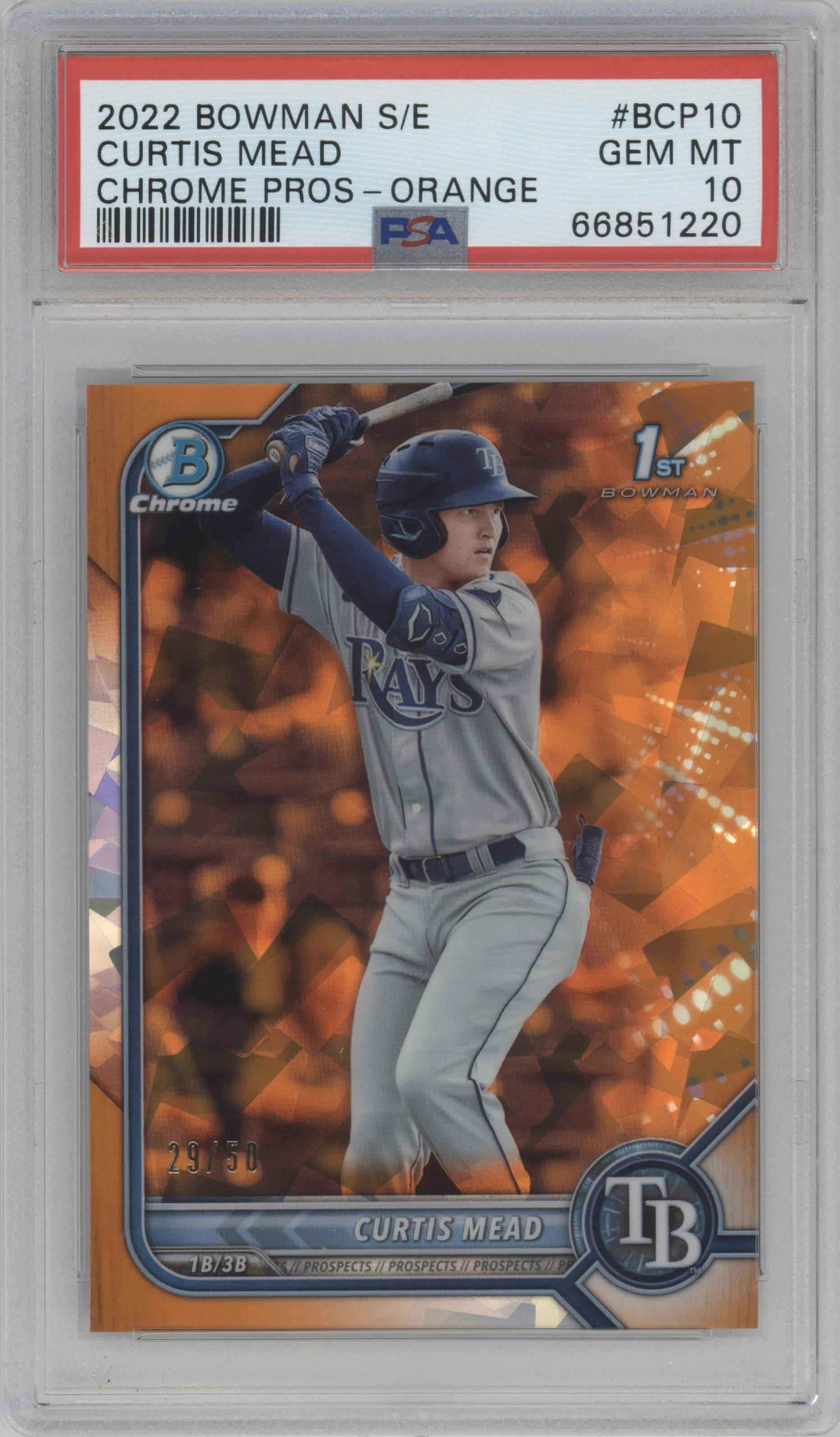 Curtis Mead from the 2022 Bowman Sapphire Edition set featuring a Orange parallel graded by PSA and given an overall grade of 10.
