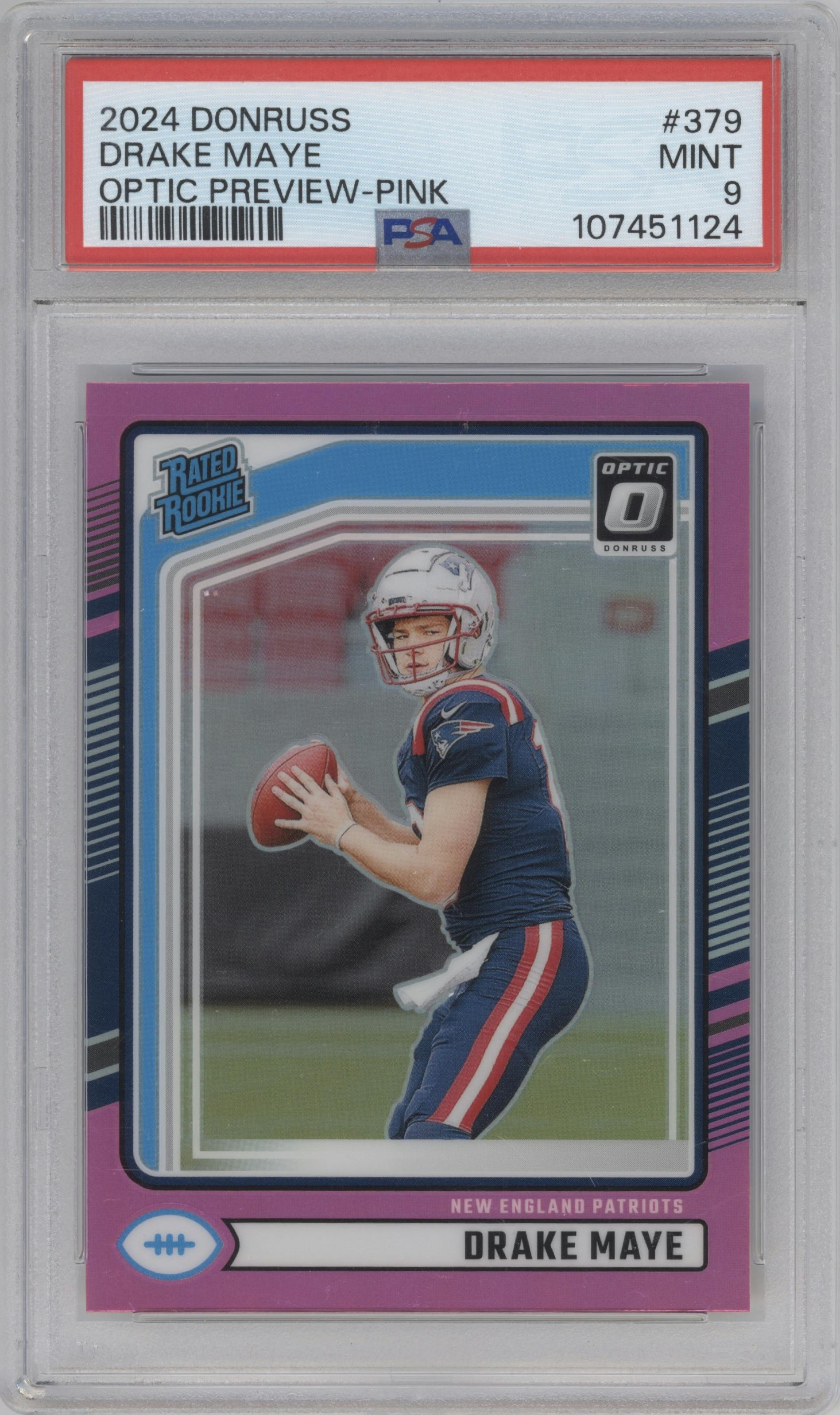 Drake Maye from the 2024 Donruss set featuring a Pink parallel graded by PSA and given an overall grade of 9.