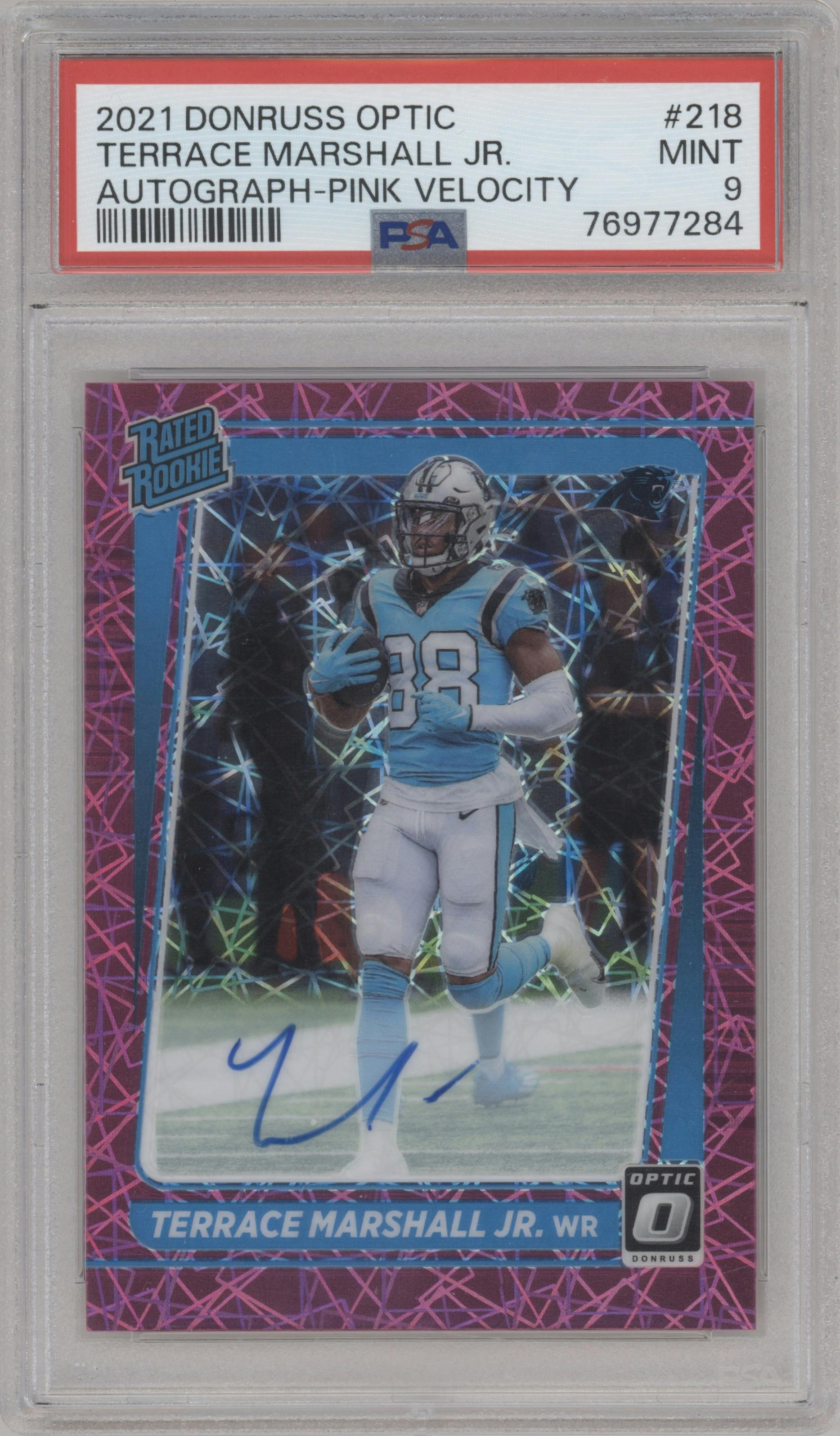 Terrace Marshall Jr from the 2021 Panini Donruss Optic set featuring a Pink Velocity parallel graded by PSA and given an overall grade of 9.