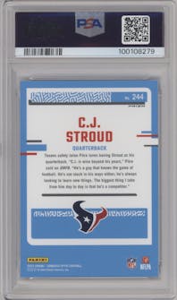C.J. Stroud from the 2023 Donruss Optic set featuring a Hyper Blue parallel graded by PSA and given an overall grade of 10.