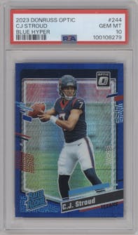 C.J. Stroud from the 2023 Donruss Optic set featuring a Hyper Blue parallel graded by PSA and given an overall grade of 10.