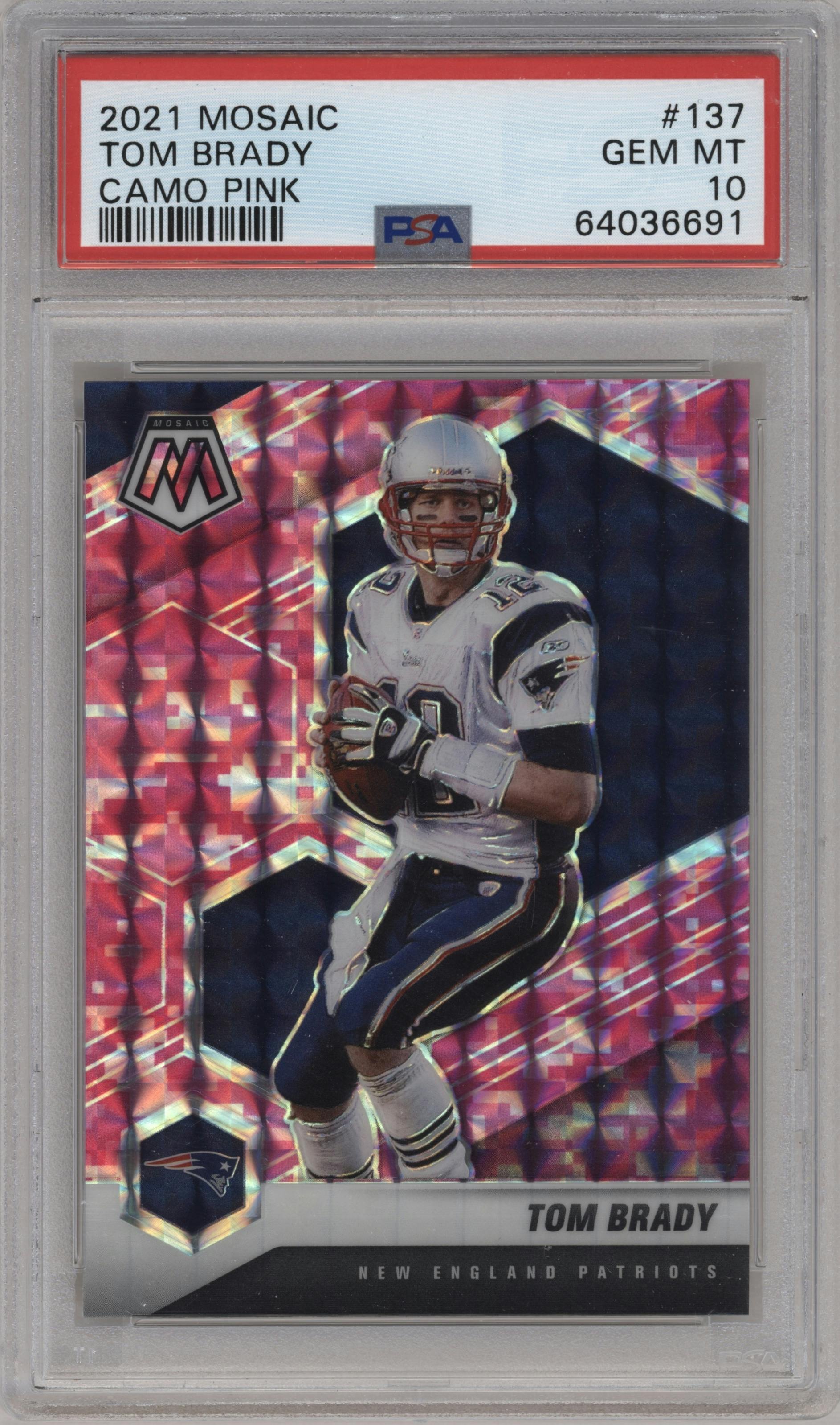 Tom Brady from the 2021 Panini Mosaic set featuring a Pink Camo parallel graded by PSA and given an overall grade of 10.