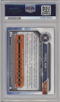 Freudis Nova from the 2019 Bowman  set featuring a Blue Refractor parallel graded by PSA and given an overall grade of 10.