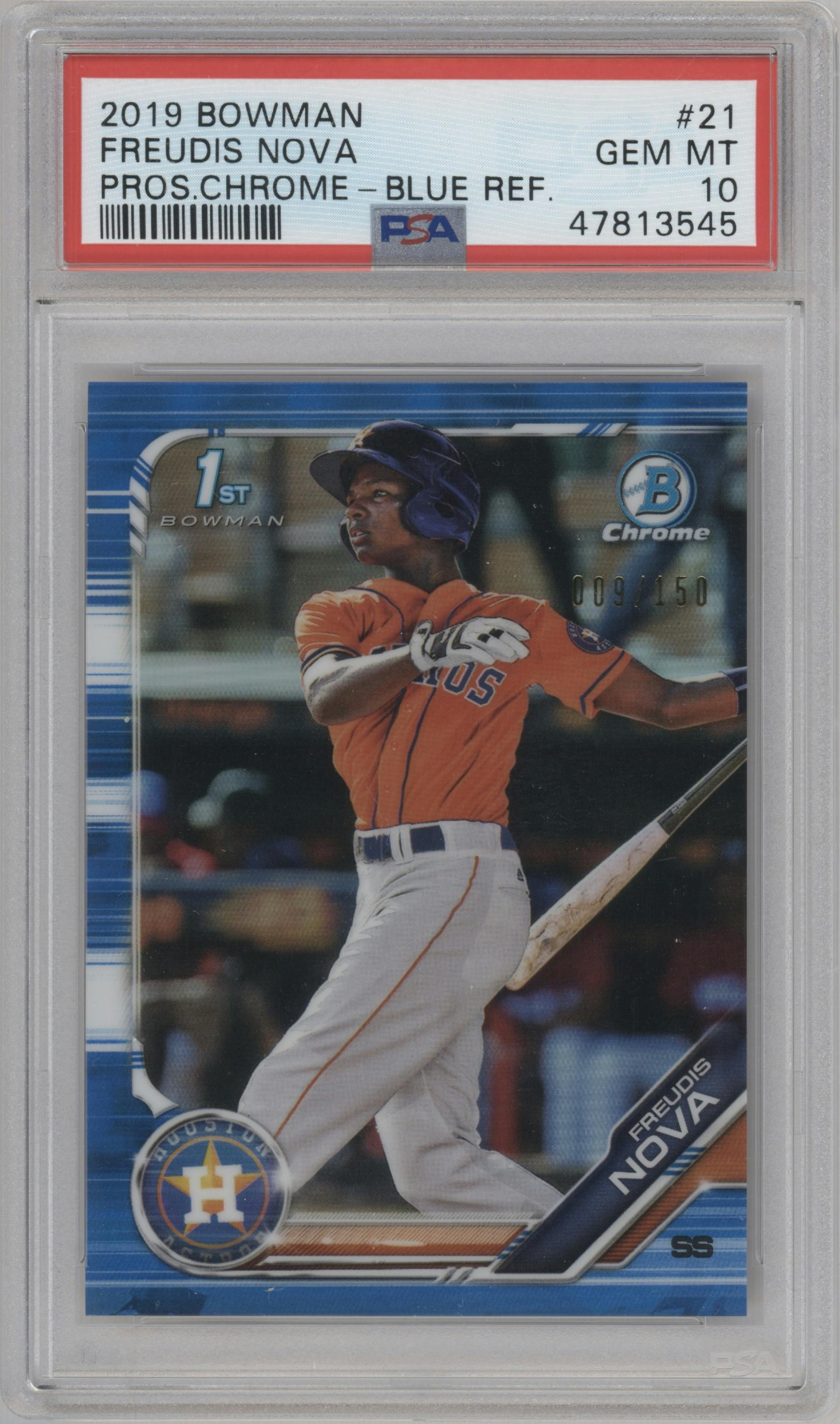 Freudis Nova from the 2019 Bowman  set featuring a Blue Refractor parallel graded by PSA and given an overall grade of 10.