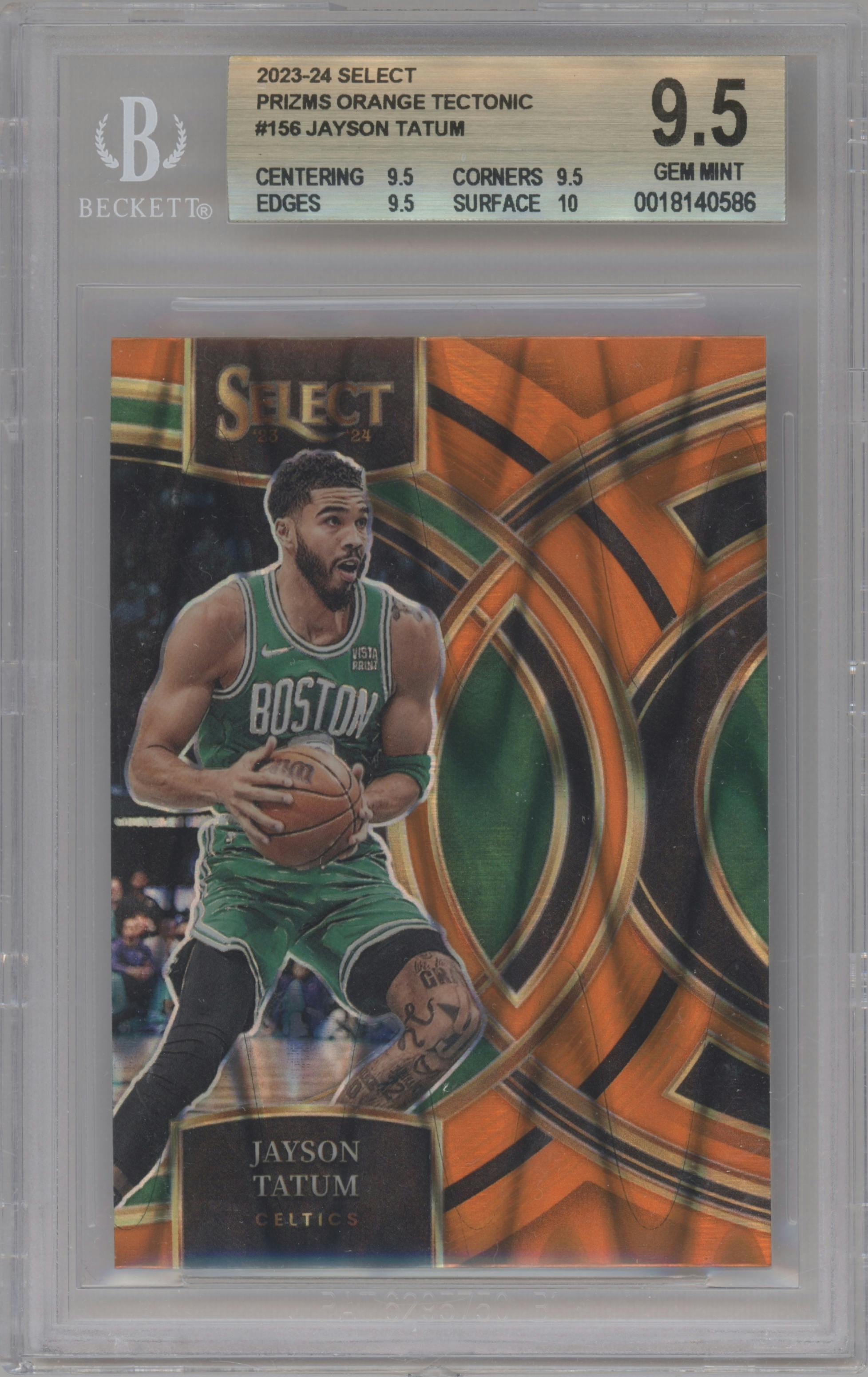 Jayson Tatum from the 2023-24 Panini Select  set featuring a  Orange Tectonic parallel graded by Beckett and given an overall grade of 9.5.