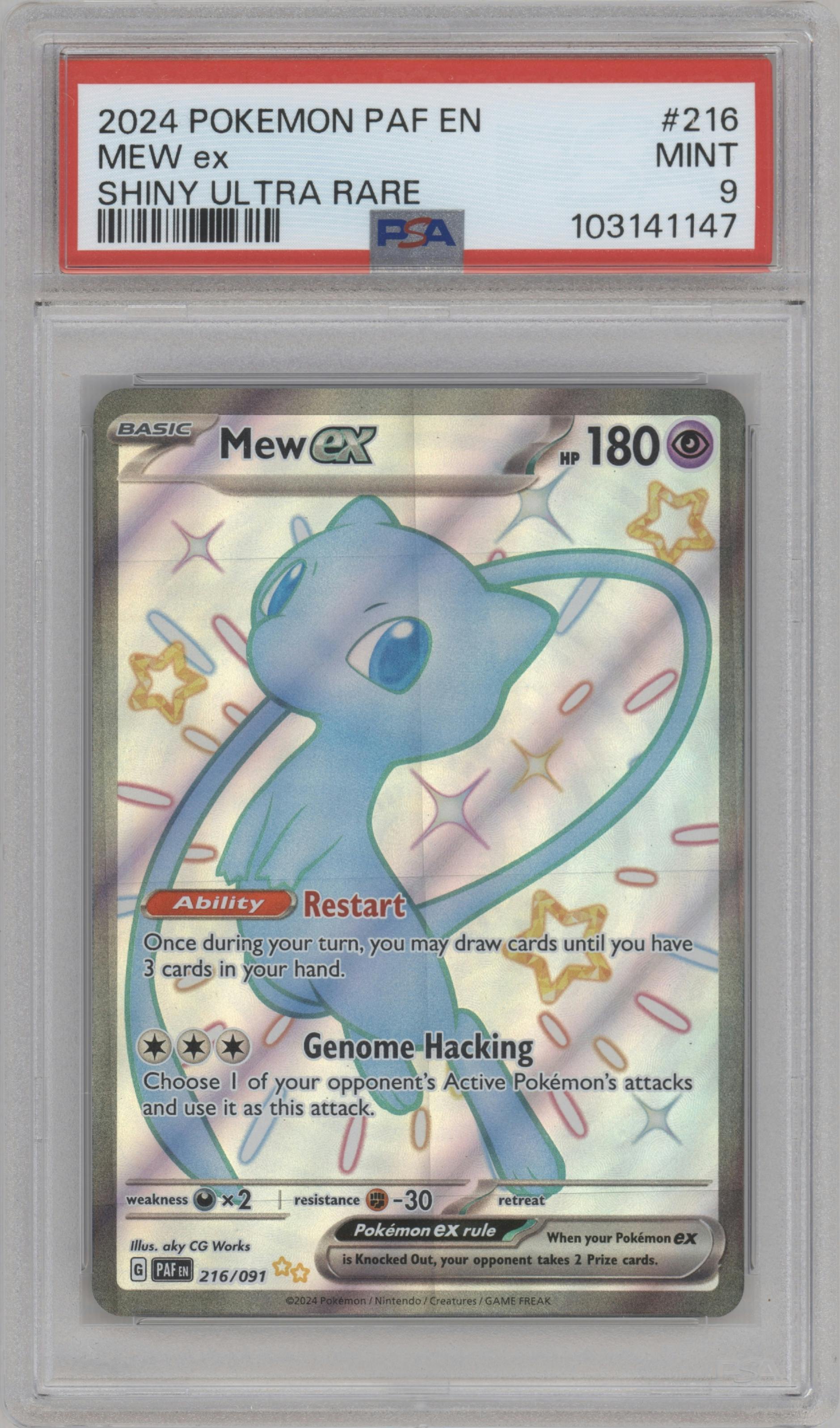 Mew ex from the 2024 Pokemon SV set graded by PSA and given an overall grade of 9.