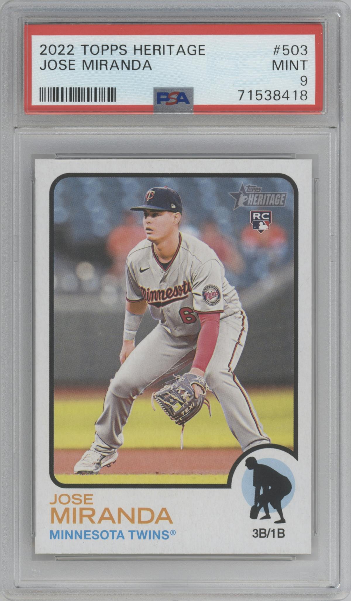 Jose Miranda from the 2022 Topps Heritage High Number set graded by PSA and given an overall grade of 9.