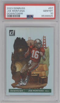 Joe Montana from the 2023 Panini Donruss set graded by PSA and given an overall grade of 10.