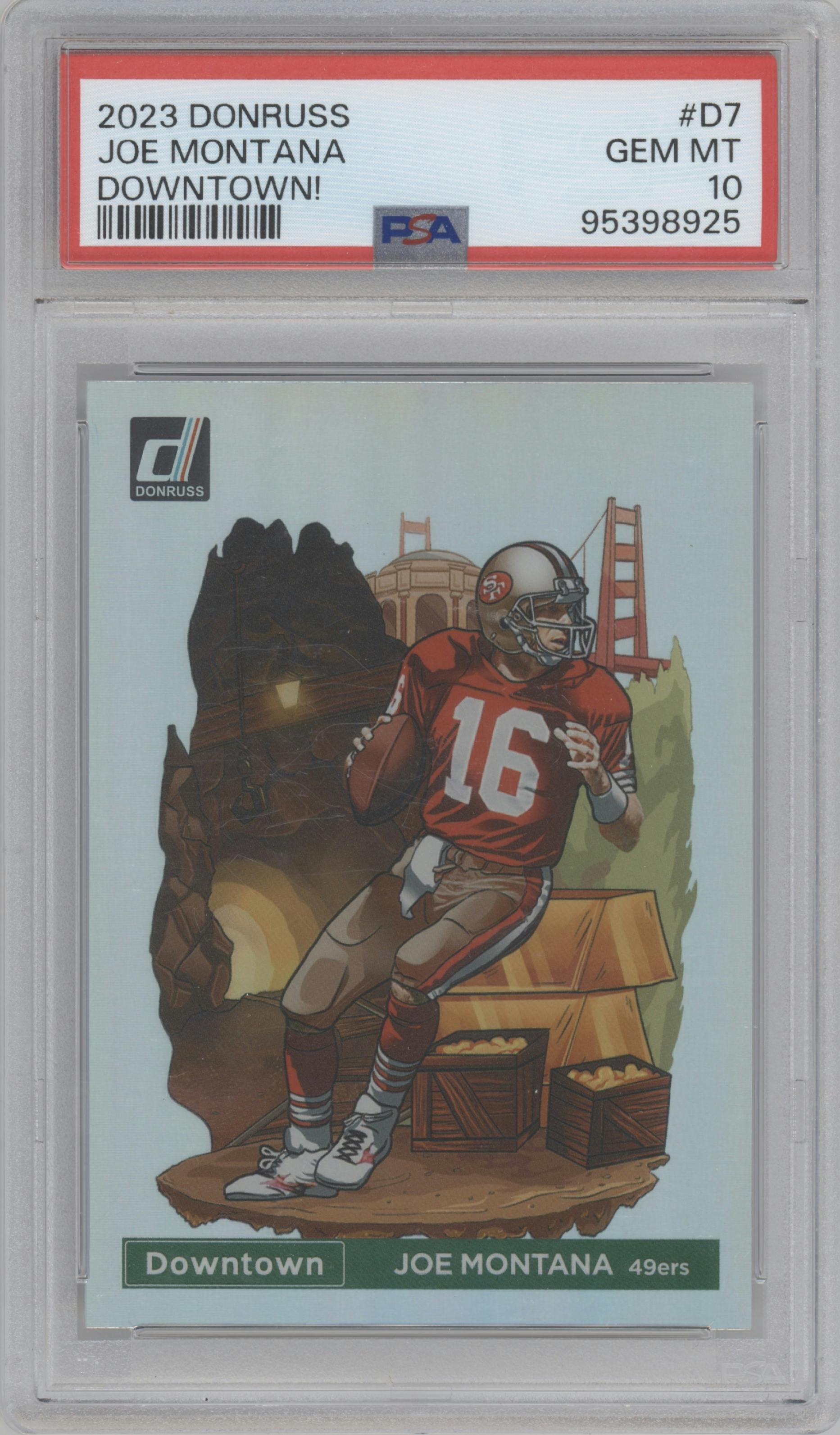 Joe Montana from the 2023 Panini Donruss set graded by PSA and given an overall grade of 10.