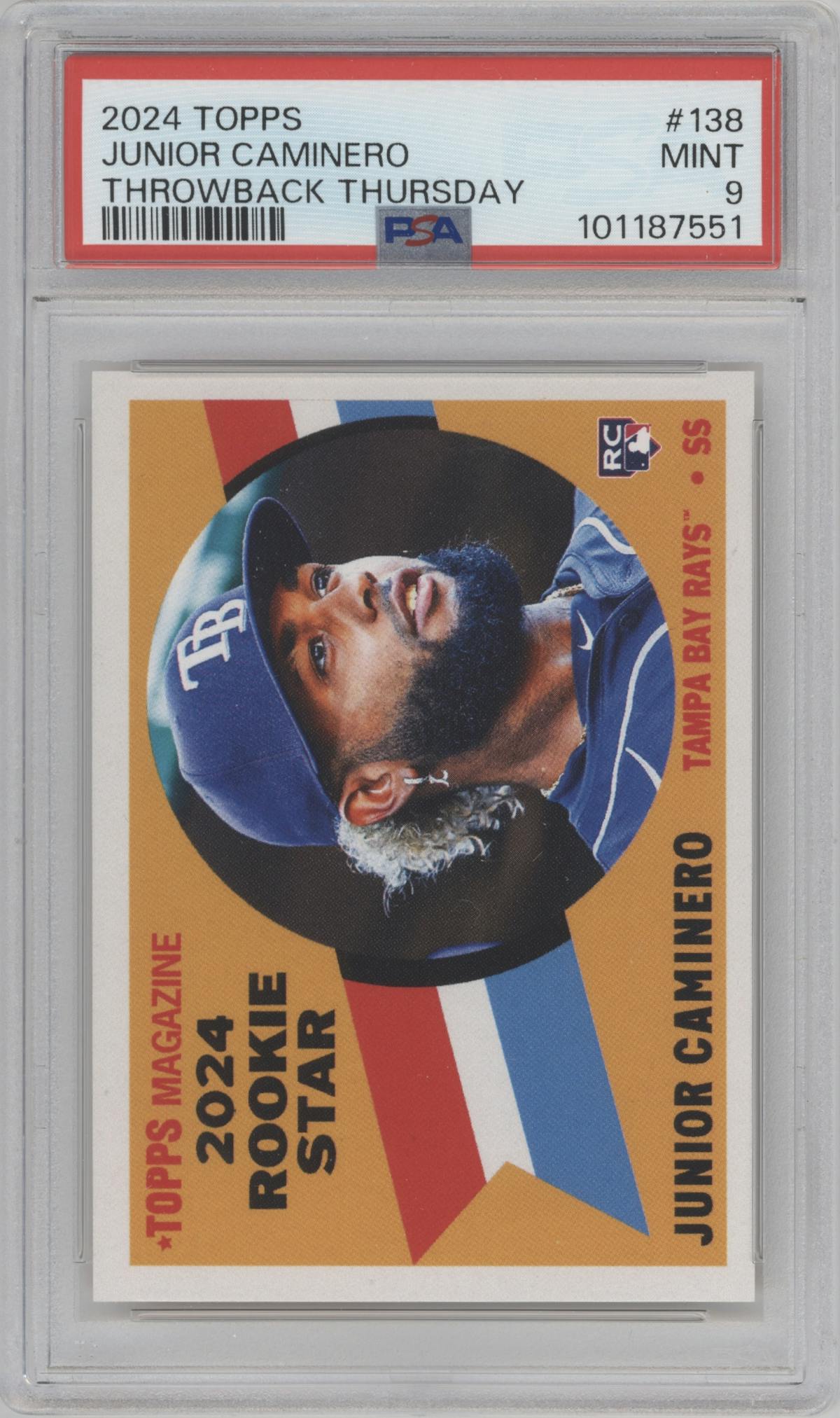 Junior Caminero from the 2024 Topps Throwback Thursday set graded by PSA and given an overall grade of 9.
