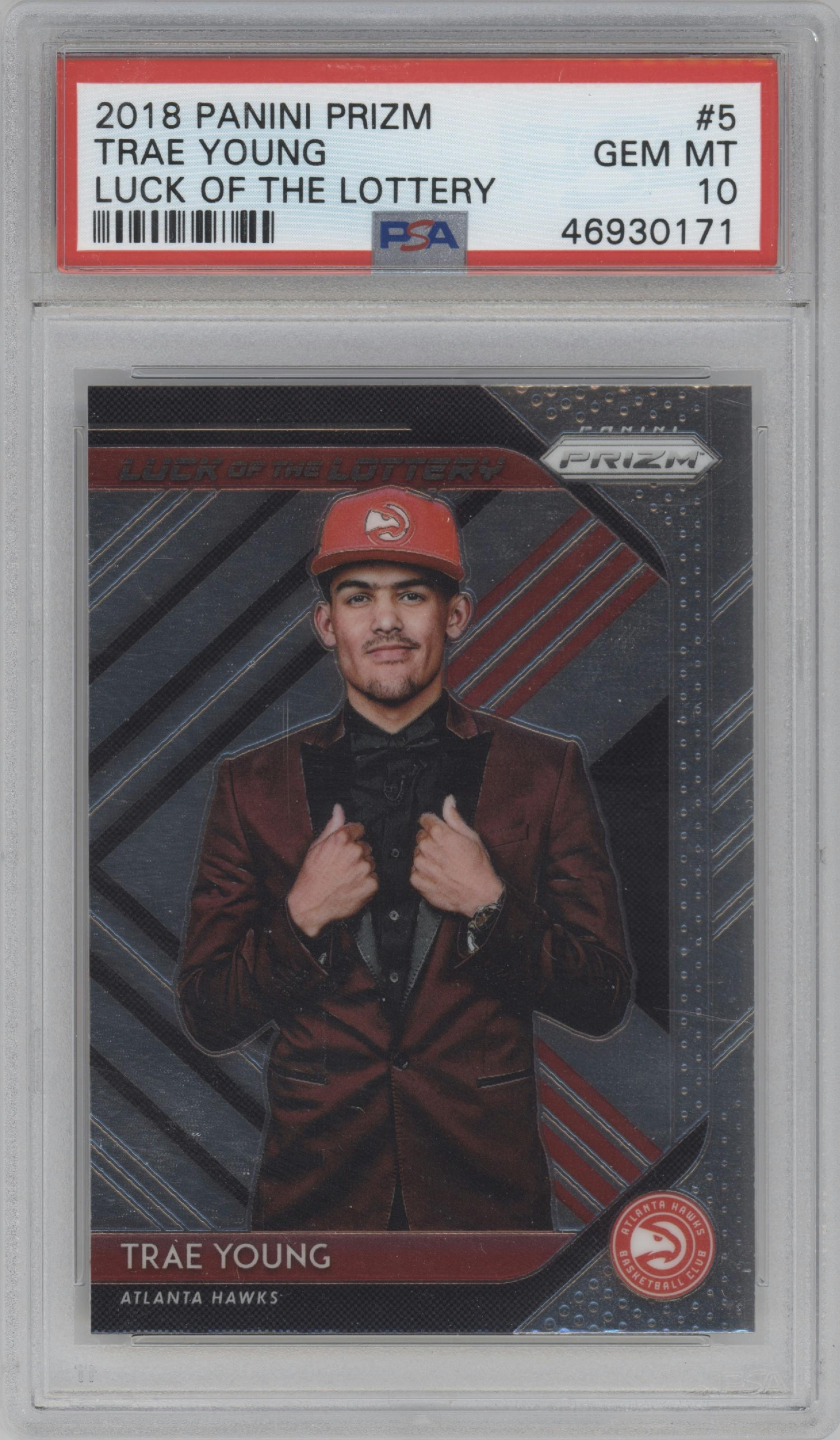 Trae Young from the 2018-19 Panini Prizm set graded by PSA and given an overall grade of 10.
