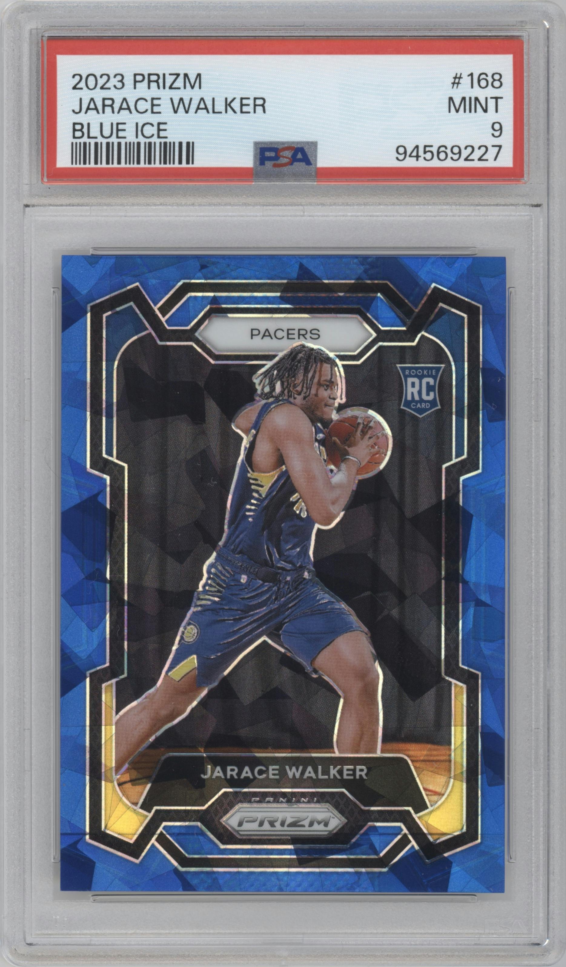 Jarace Walker from the 2023-24 Panini Prizm set featuring a Blue Ice parallel graded by PSA and given an overall grade of 9.