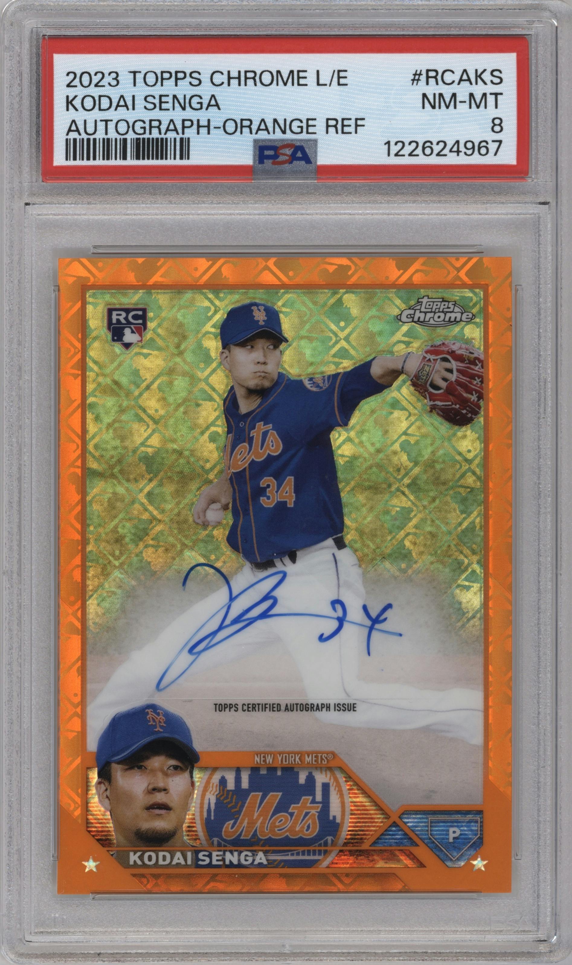 Kodai Senga from the 2023 Topps Chrome Logofractor Edition set featuring a Orange Refractor parallel graded by PSA and given an overall grade of 8.