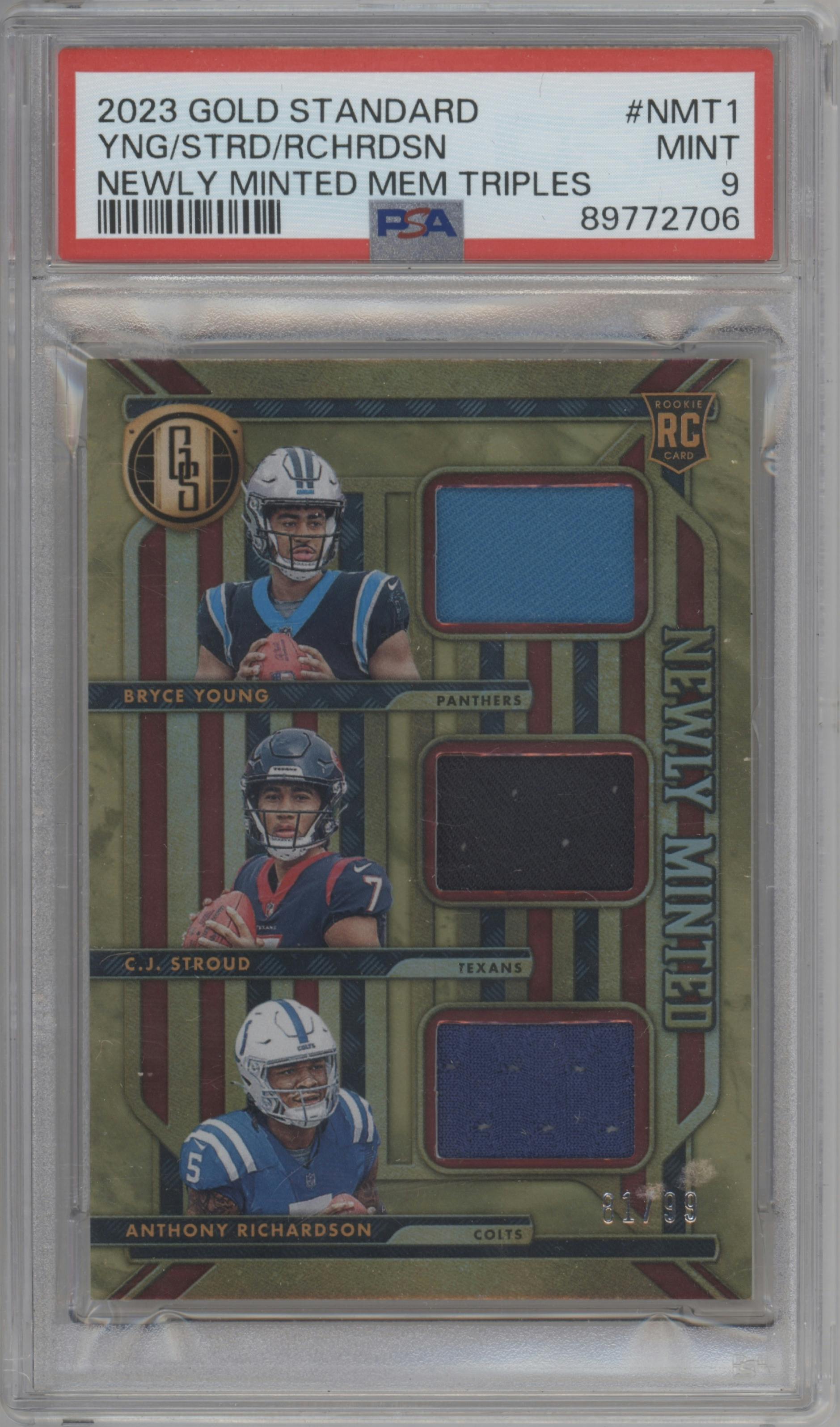 Bryce Young/C.J. Stroud/Anthony Richardson from the 2023 Panini Gold Standard set graded by PSA and given an overall grade of 9.