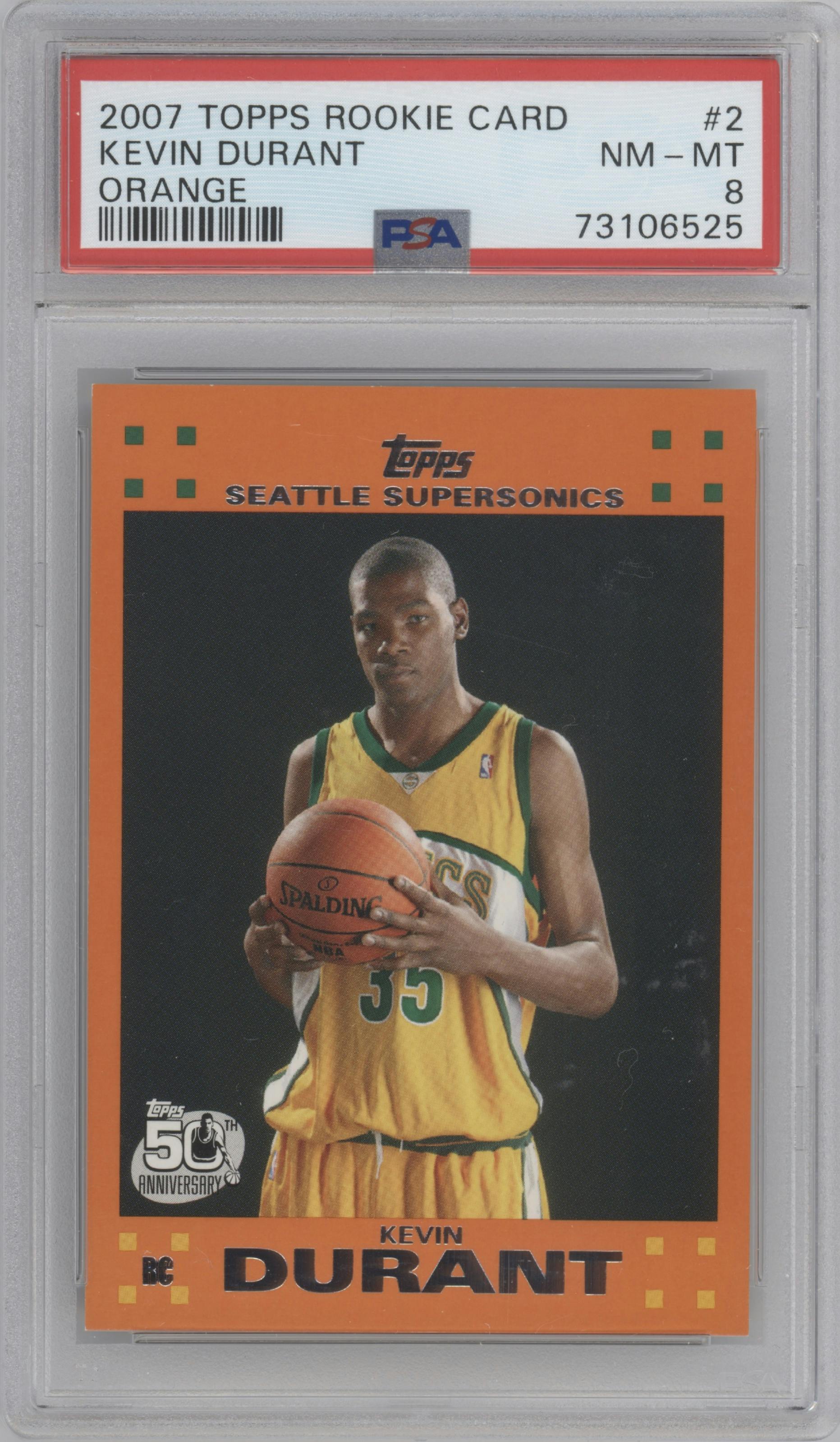 Kevin Durant from the 2007-08 Topps set featuring a Orange parallel graded by PSA and given an overall grade of 8.