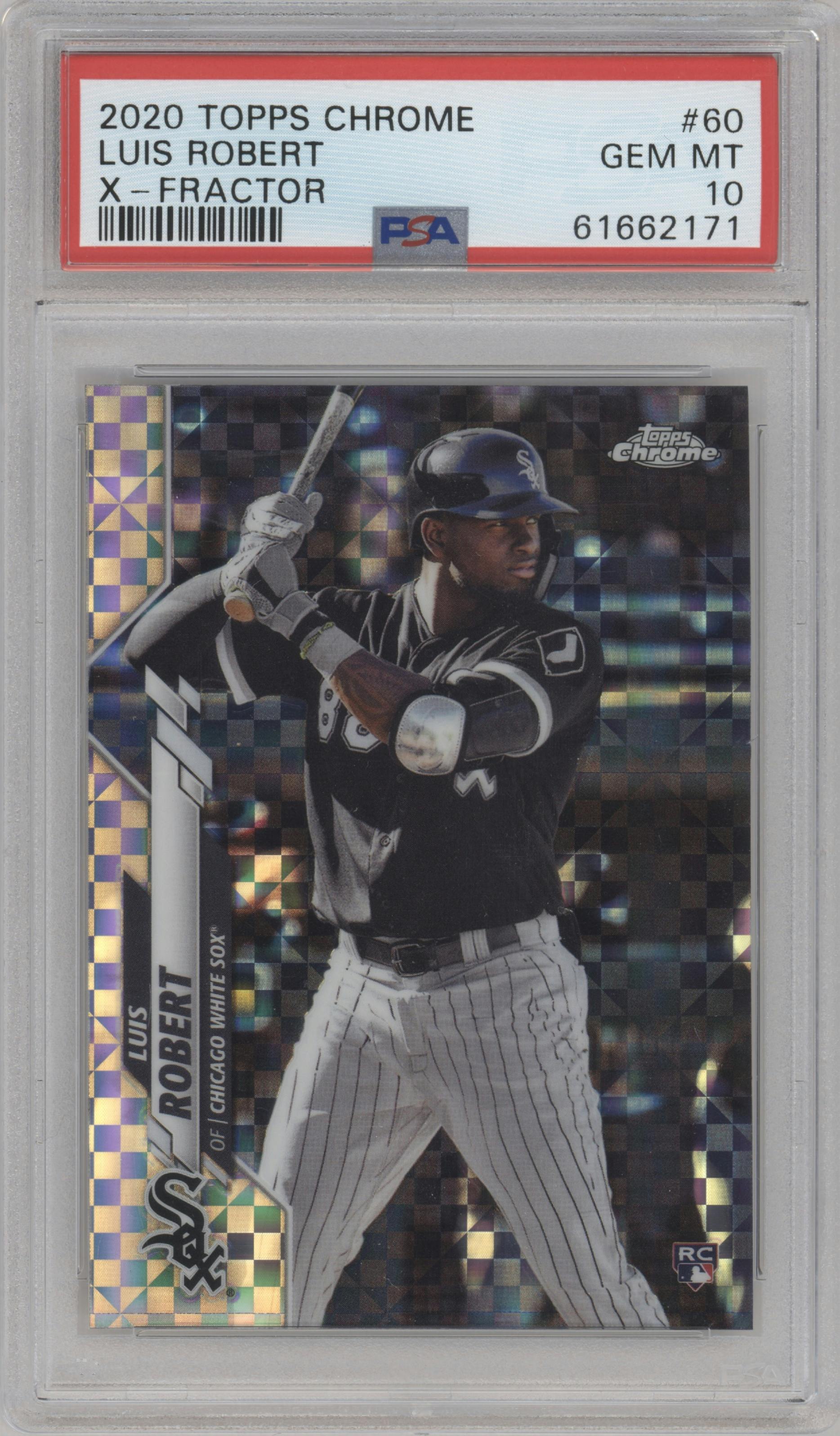 Luis Robert from the 2020 Topps Chrome set featuring a X-Fractor parallel graded by PSA and given an overall grade of 10.