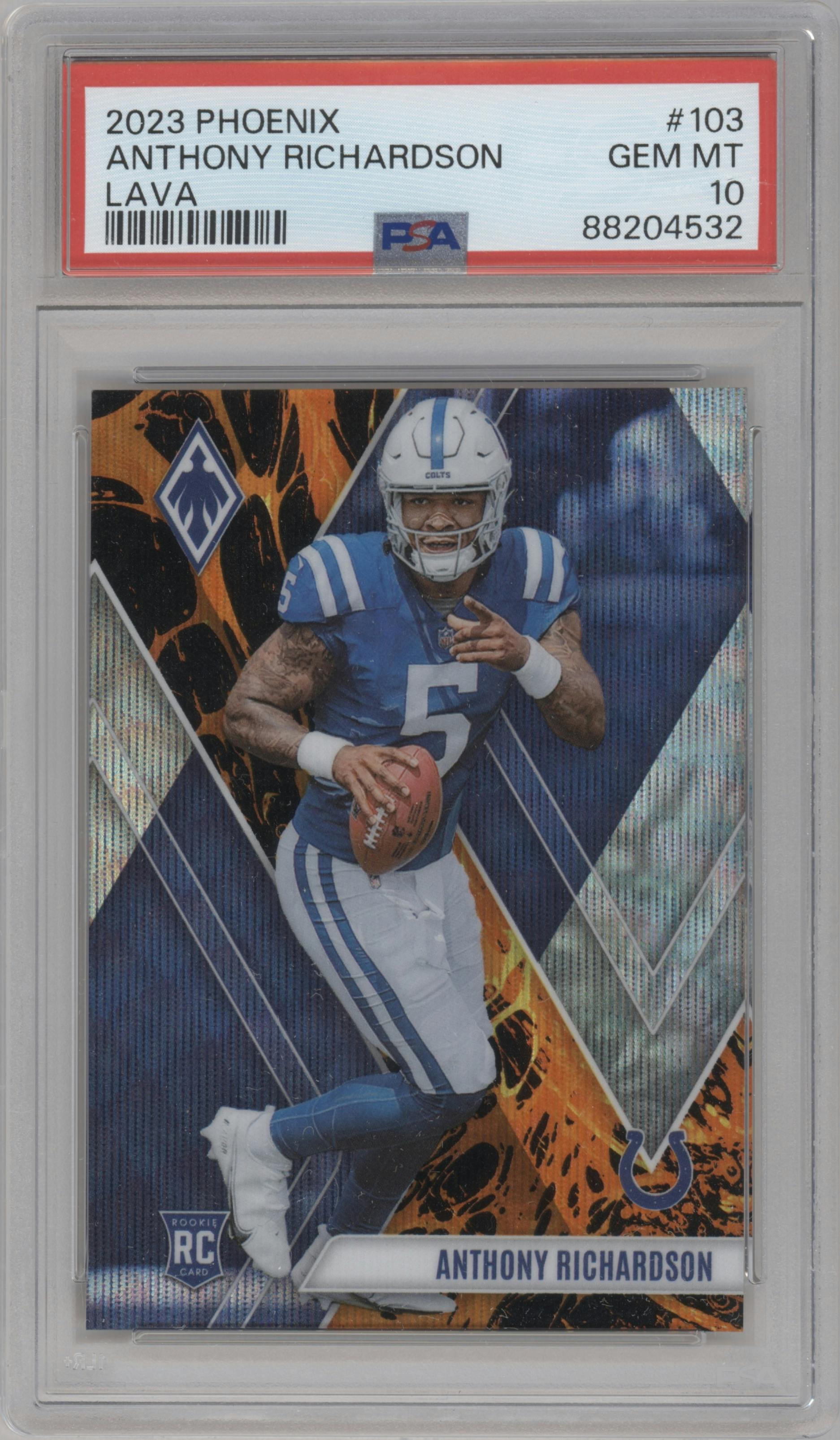 Anthony Richardson from the 2023 Panini Phoenix set featuring a Lava parallel graded by PSA and given an overall grade of 10.