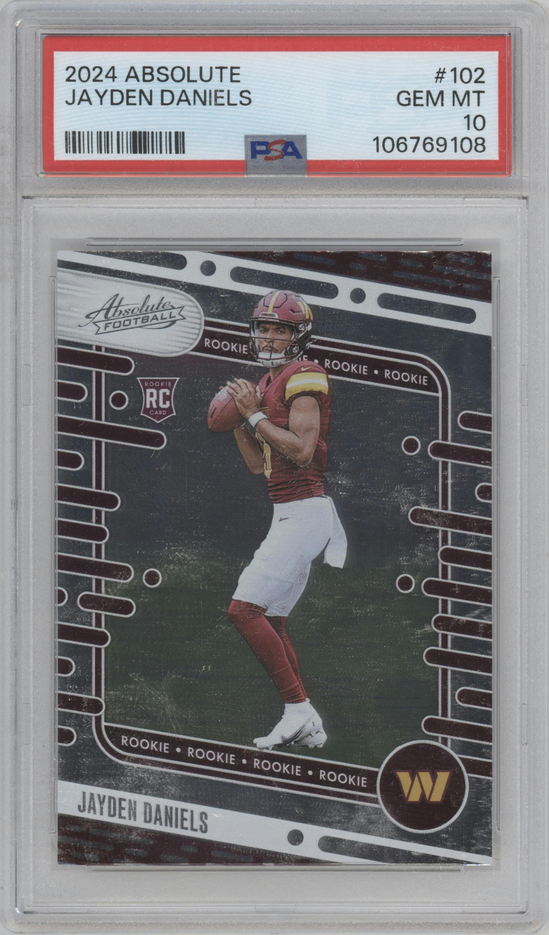 Jayden Daniels from the 2024 Panini Absolute set graded by PSA and given an overall grade of 10.