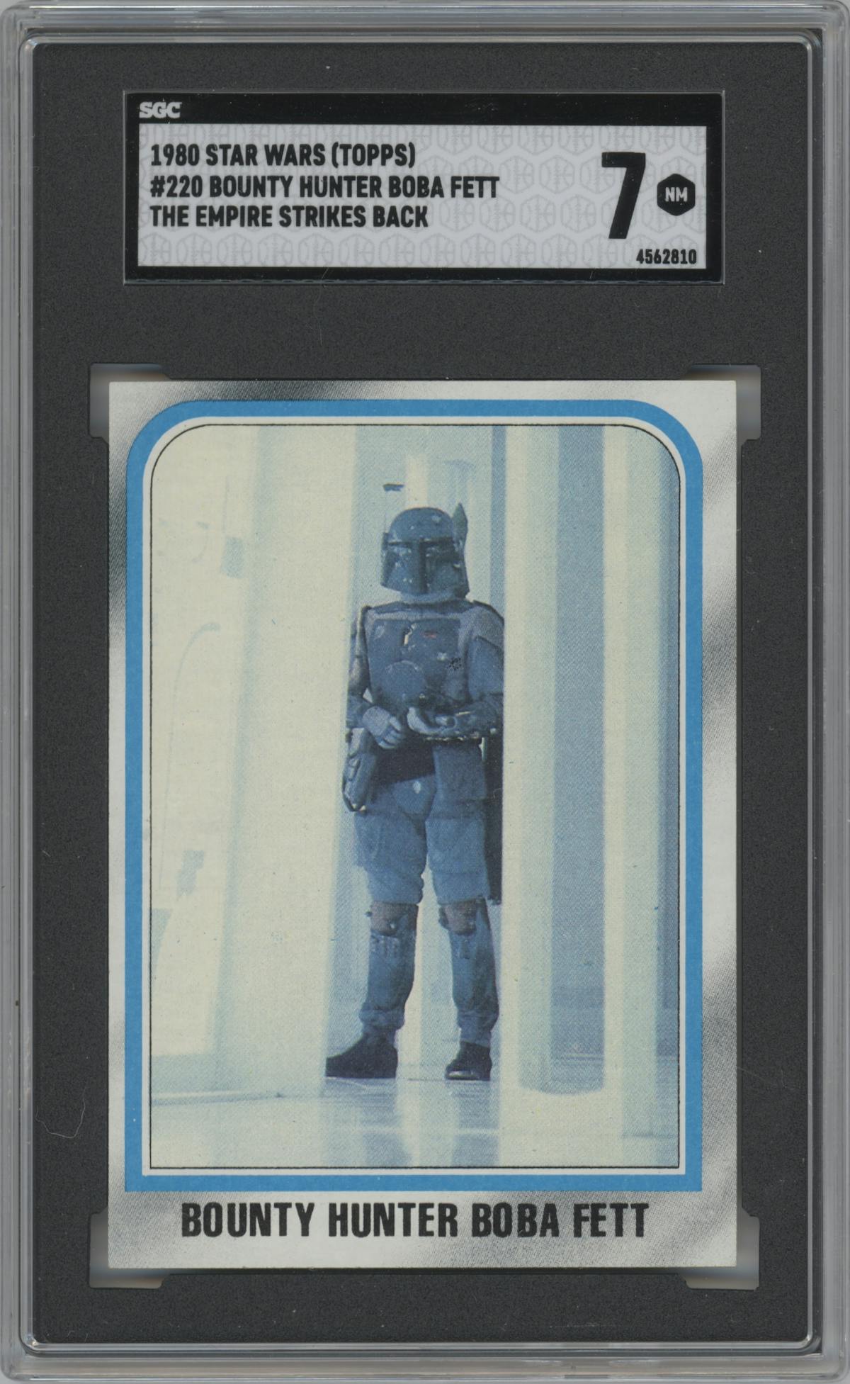 Bounty Hunter Boba Fett from the 1980 Topps Star Wars Empire Strikes Back set graded by SGC and given an overall grade of 7.