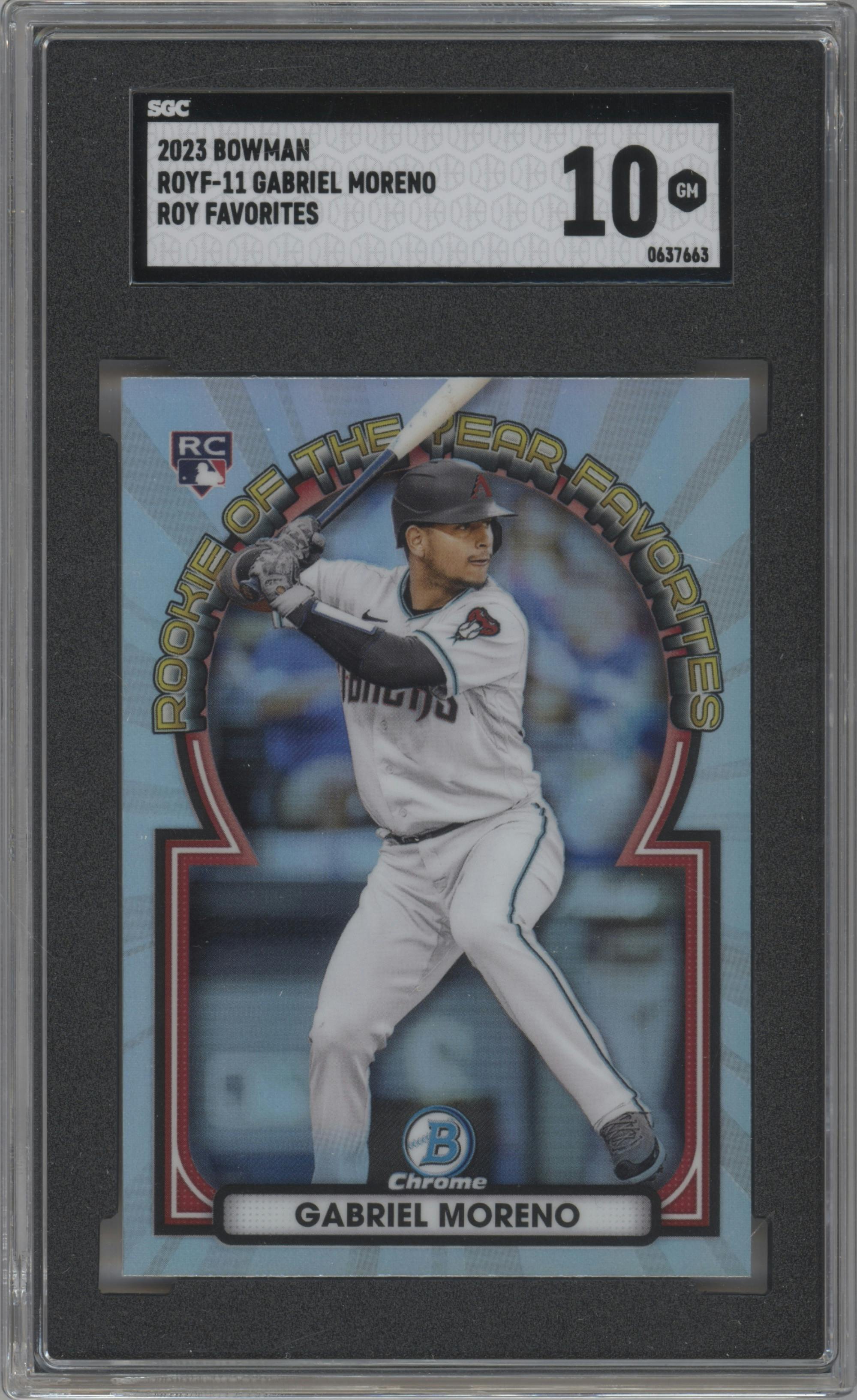 Gabriel Moreno from the 2023 Bowman  set graded by SGC and given an overall grade of 10.