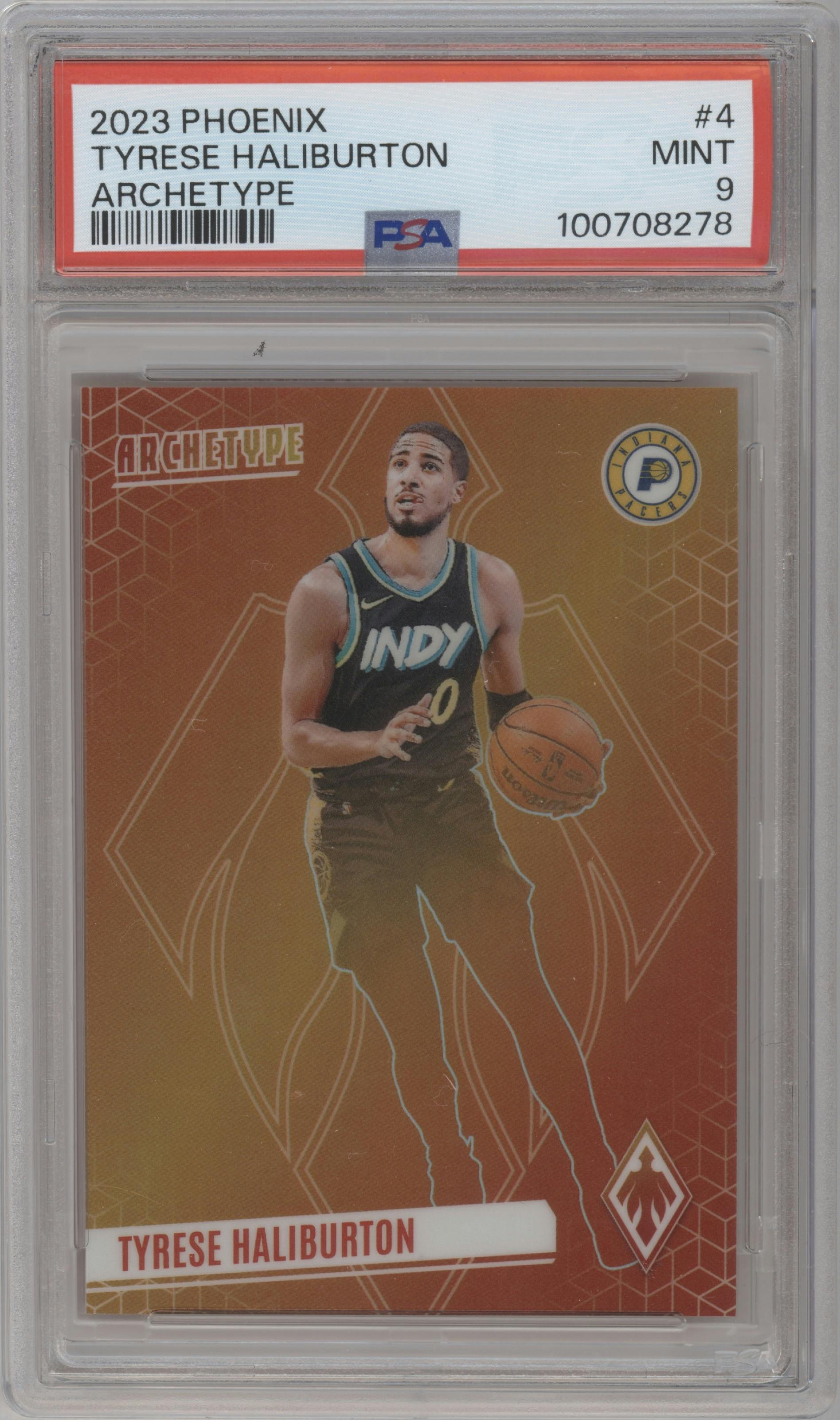 Tyrese Haliburton from the 2023-24 Panini Phoenix set graded by PSA and given an overall grade of 9.