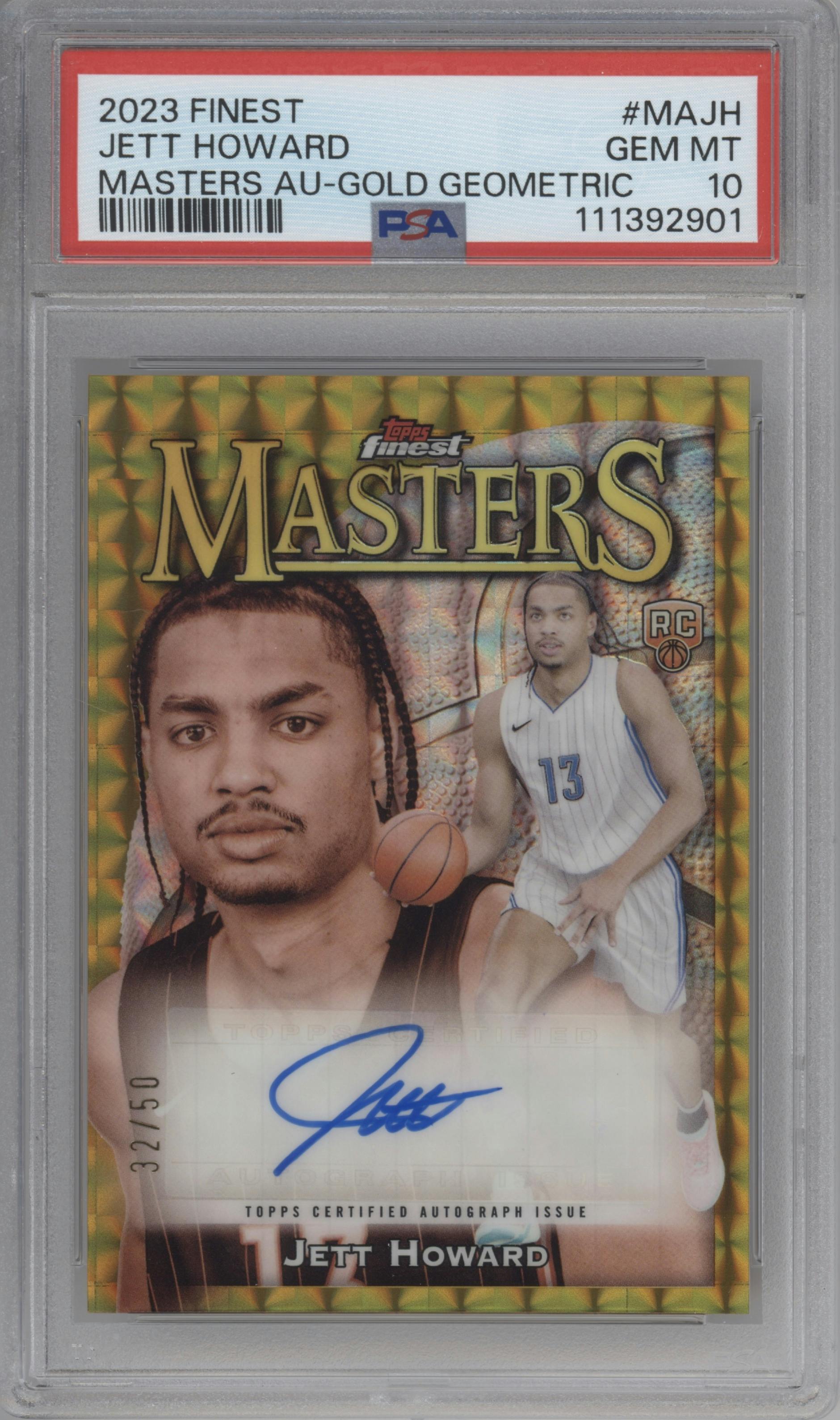 Jett Howard from the 2023-24 Finest set featuring a Gold Geometric Refractor parallel graded by PSA and given an overall grade of 10.