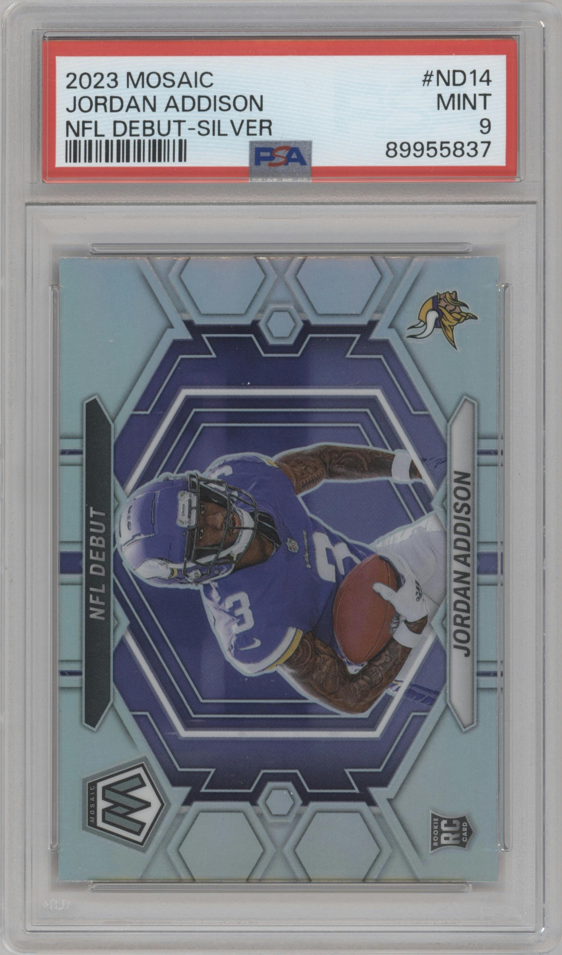 Jordan Addison from the 2023 Panini Mosaic set featuring a Silver parallel graded by PSA and given an overall grade of 9.