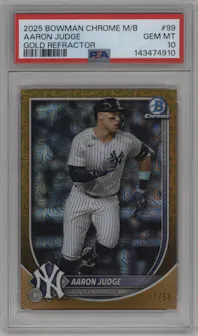 Aaron Judge from the 2025 Bowman Chrome Mega Box set featuring a Gold Refractor parallel graded by PSA and given an overall grade of 10.