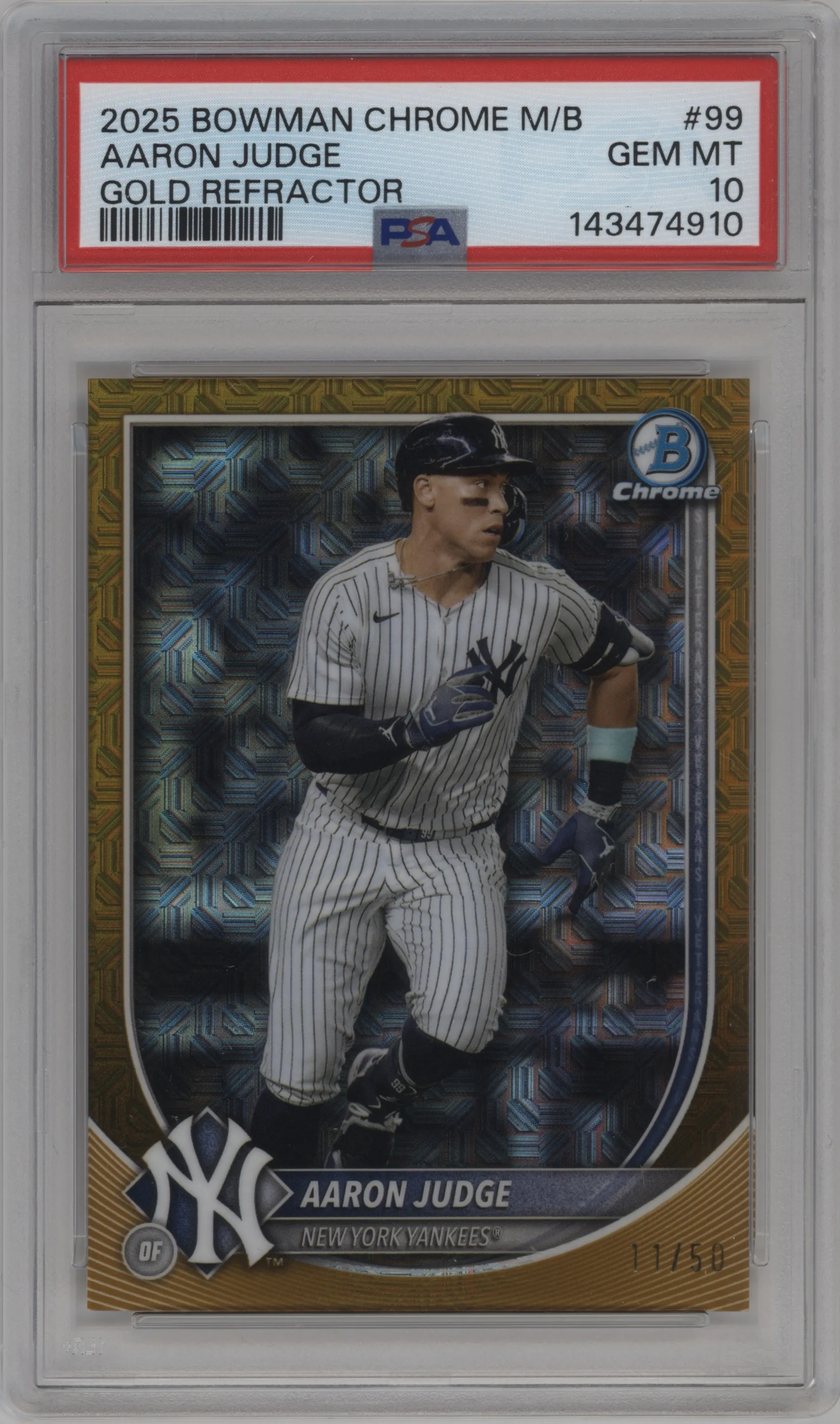 Aaron Judge from the 2025 Bowman Chrome Mega Box set featuring a Gold Refractor parallel graded by PSA and given an overall grade of 10.