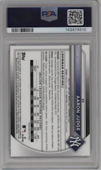 Aaron Judge from the 2025 Bowman Chrome Mega Box set featuring a Gold Refractor parallel graded by PSA and given an overall grade of 10.