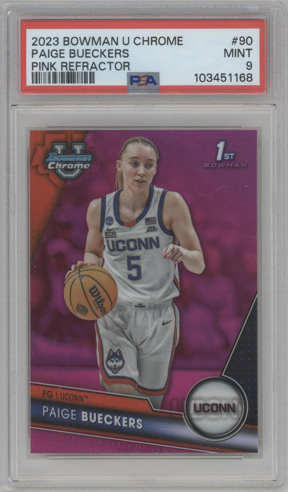 Paige Bueckers from the 2023-24 Bowman U Chrome set featuring a Pink Refractor parallel graded by PSA and given an overall grade of 9.