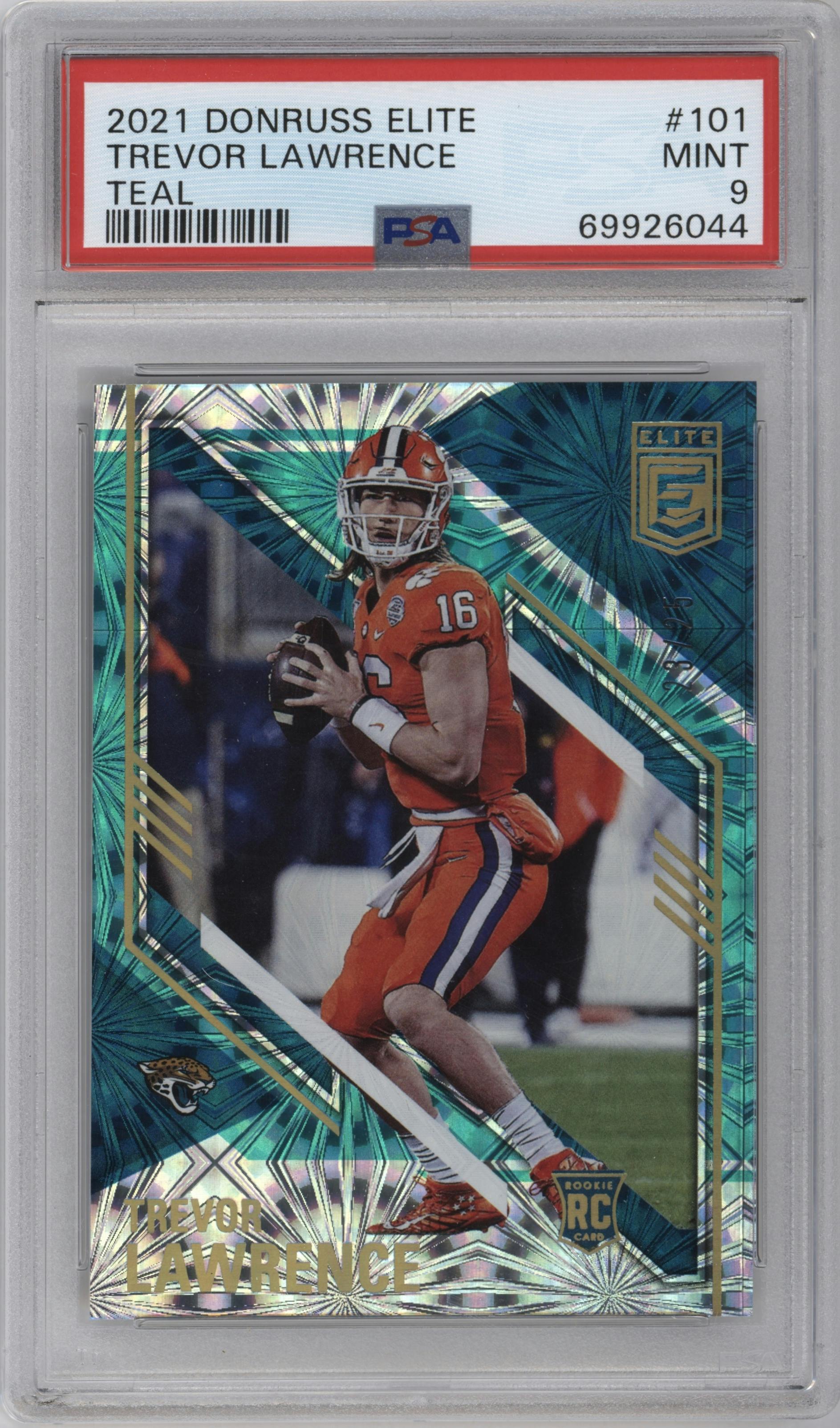 Trevor Lawrence from the 2021 Panini Donruss Elite set featuring a Teal parallel graded by PSA and given an overall grade of 9.