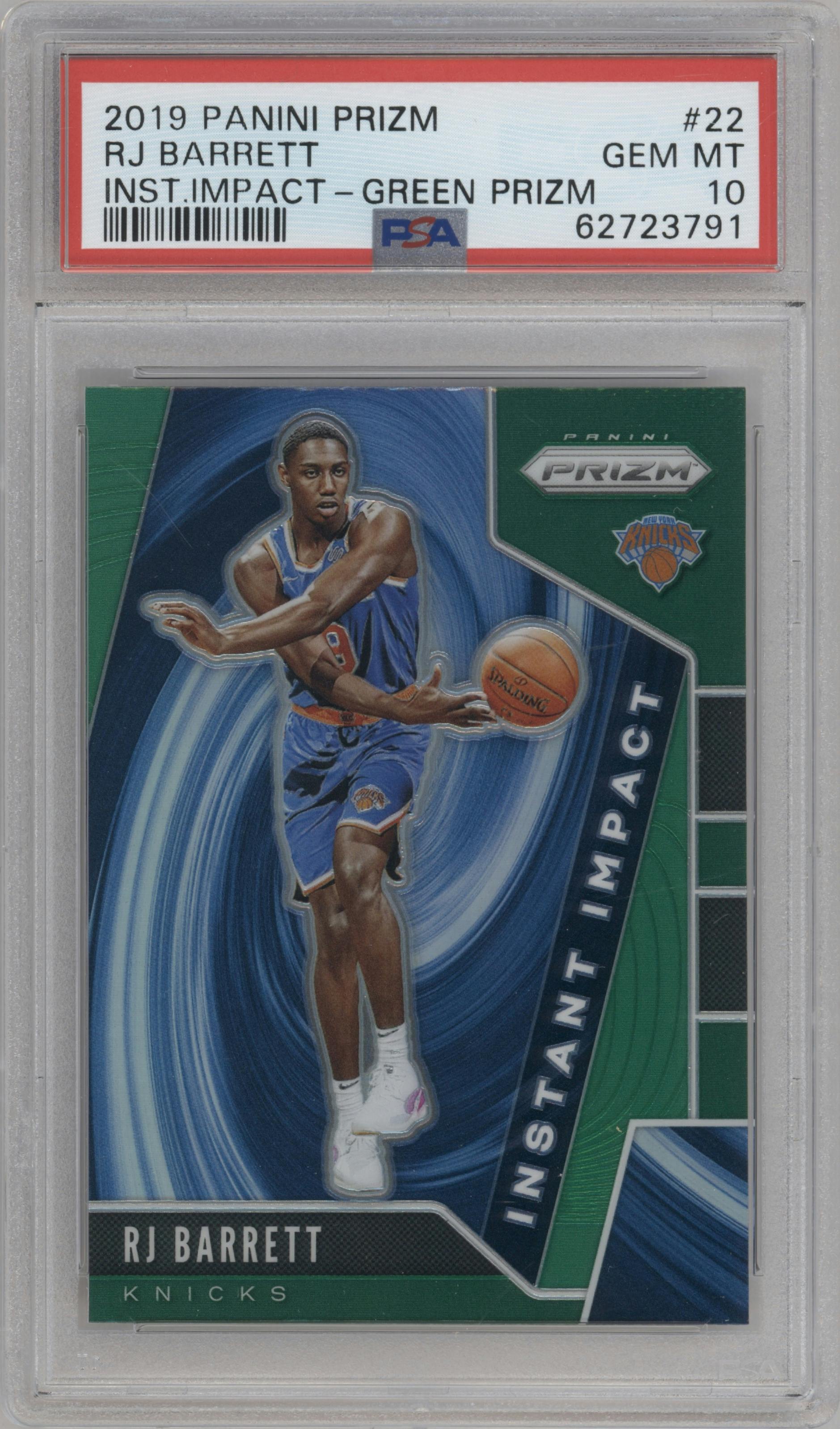 RJ Barrett from the 2019-20 Panini Prizm set featuring a Green Prizm parallel graded by PSA and given an overall grade of 10.