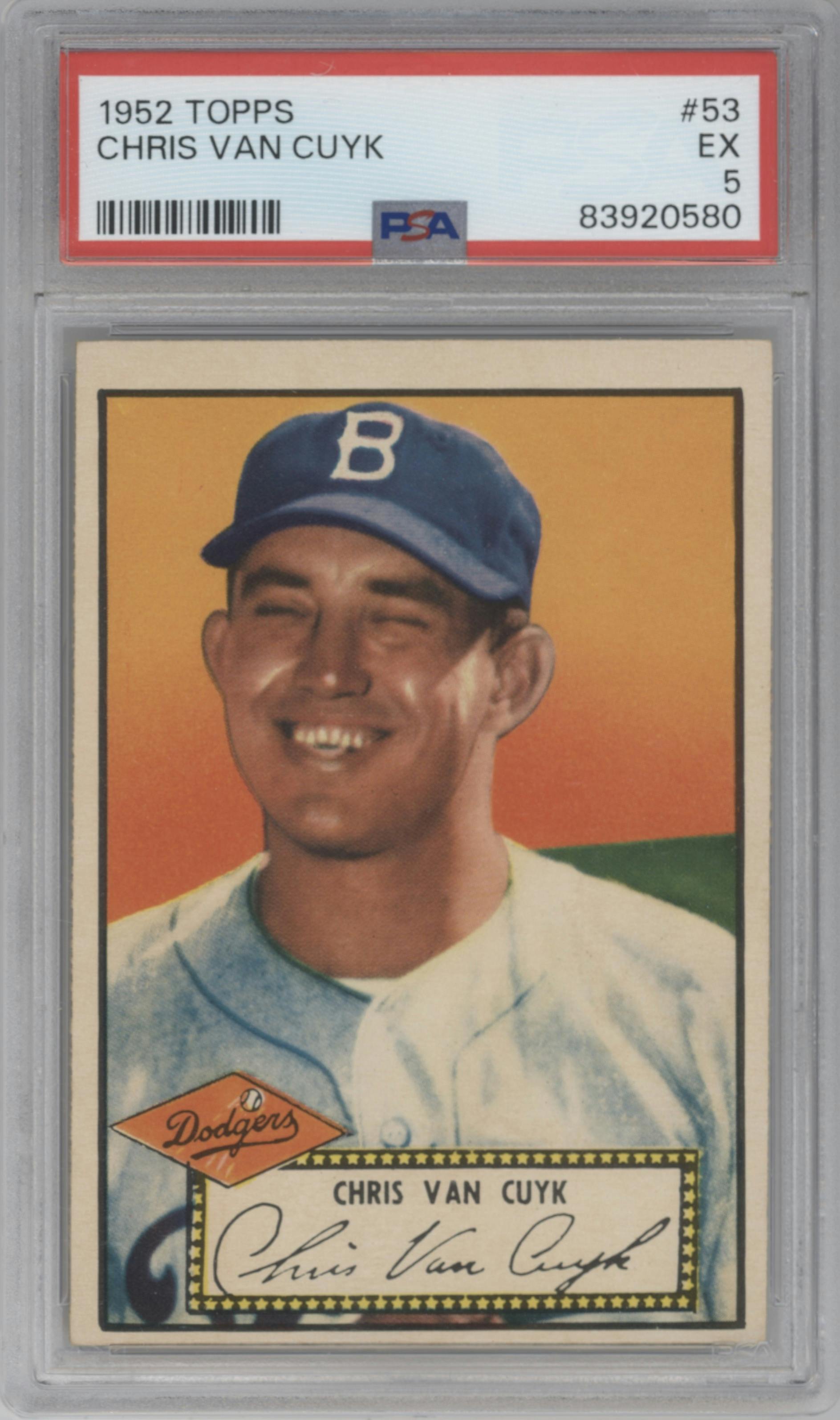 Chris Van Cuyk from the 1952 Topps set graded by PSA and given an overall grade of 5.