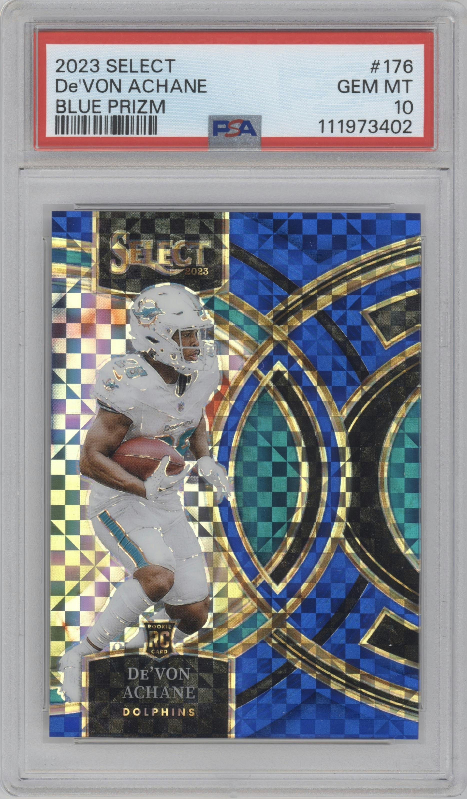 De'Von Achane from the 2023 Panini Select set featuring a Blue Prizm parallel graded by PSA and given an overall grade of 10.