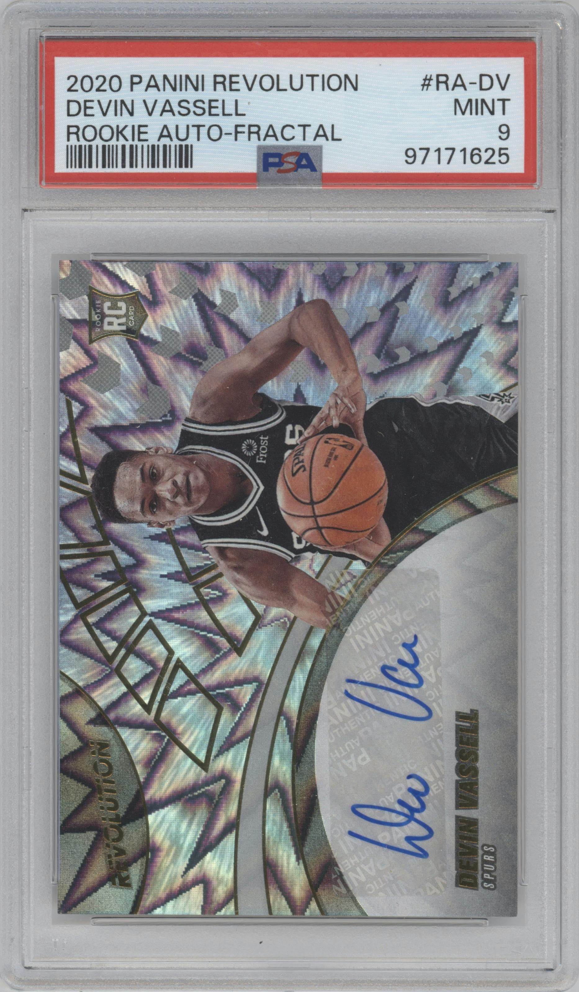 Devin Vassell from the 2020-21 Panini Revolution set featuring a Fractal parallel graded by PSA and given an overall grade of 9.