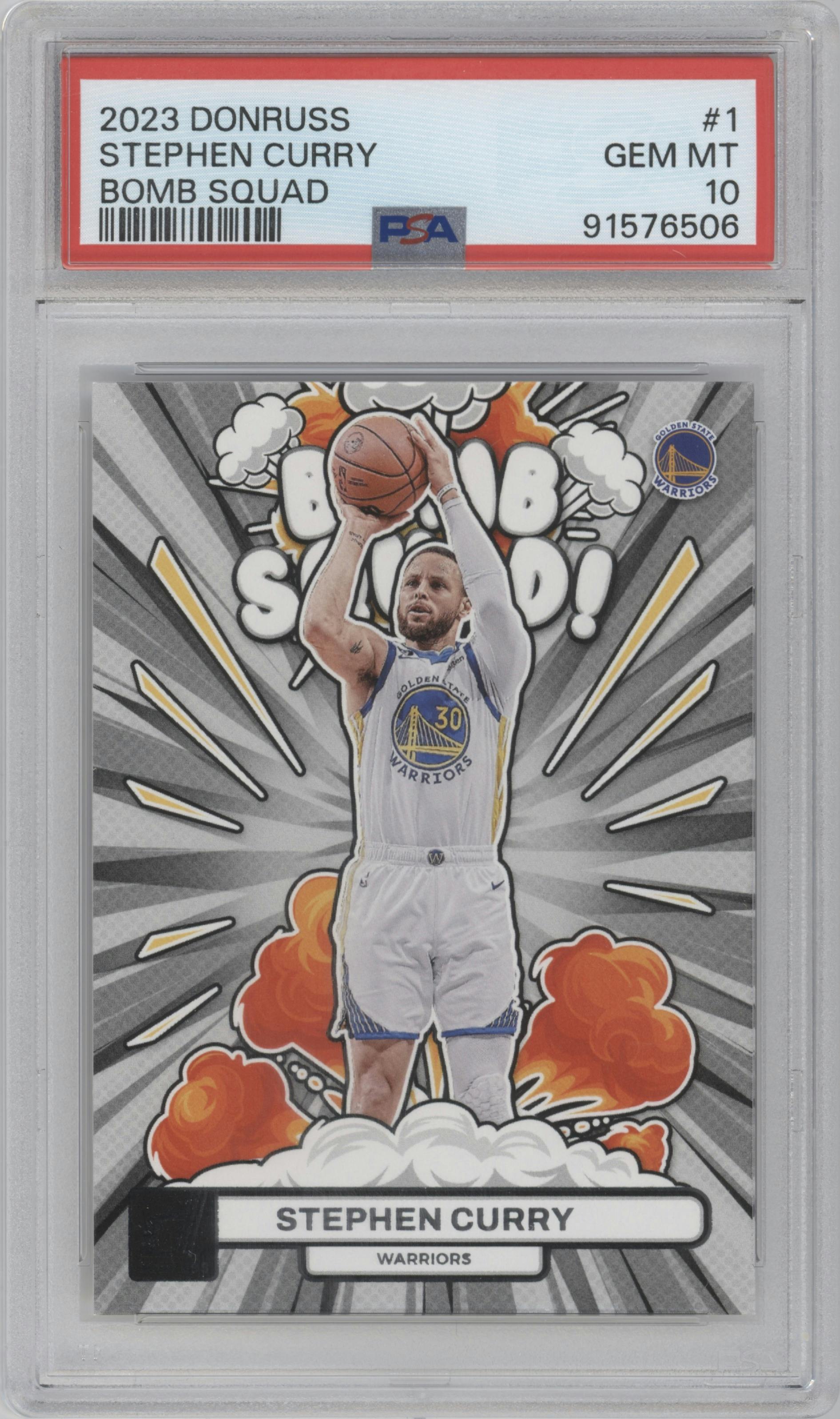Stephen Curry from the 2023-24 Panini Donruss set graded by PSA and given an overall grade of 10.