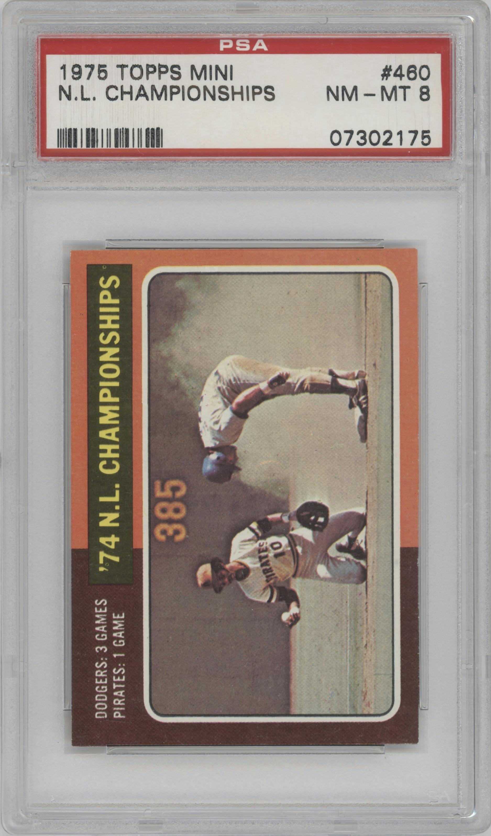 '74 N.L. Championships NLCS from the 1975 Topps Mini set graded by PSA and given an overall grade of 8.