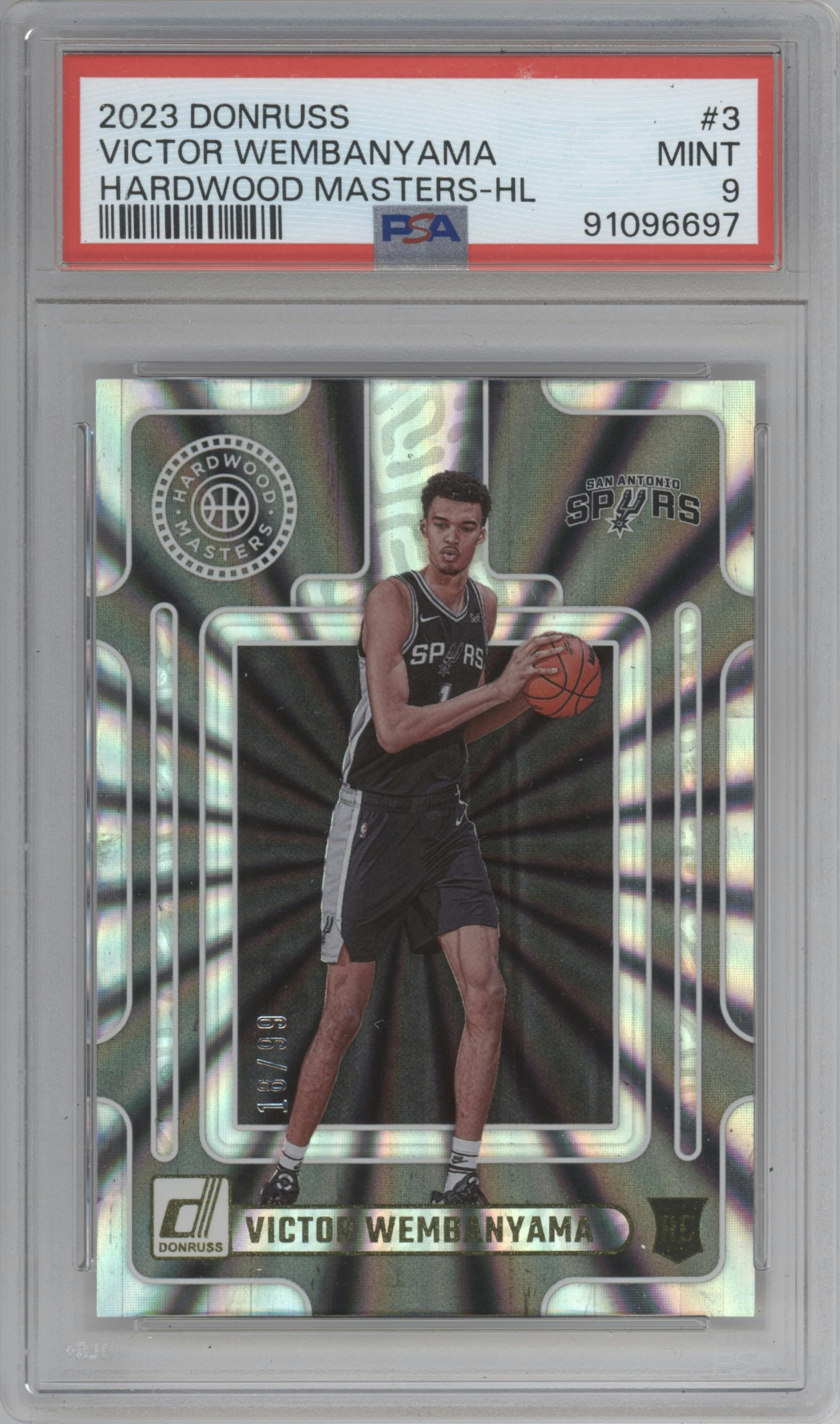 Victor Wembanyama from the 2023-24 Panini Donruss set featuring a Holo Laser parallel graded by PSA and given an overall grade of 9.