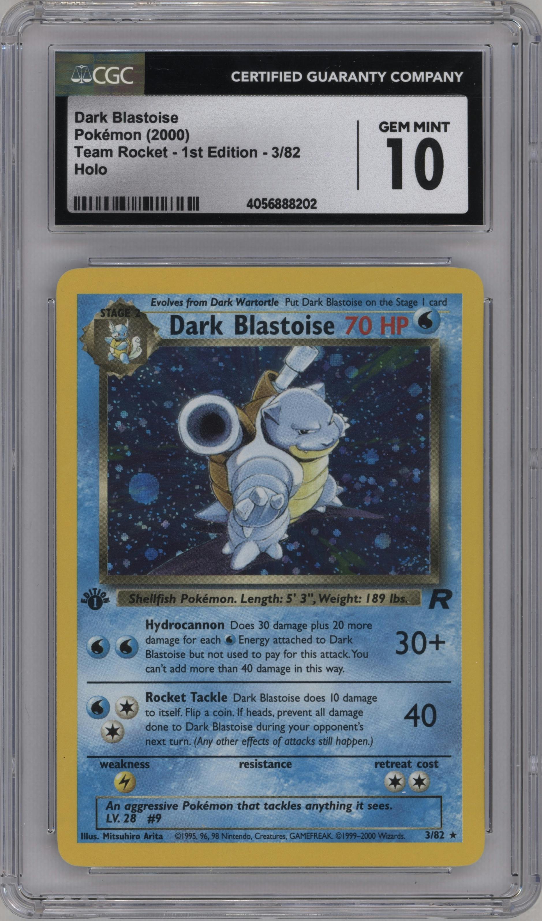 Dark Blastoise from the 2000 Pokemon set graded by CSG and given an overall grade of 10.
